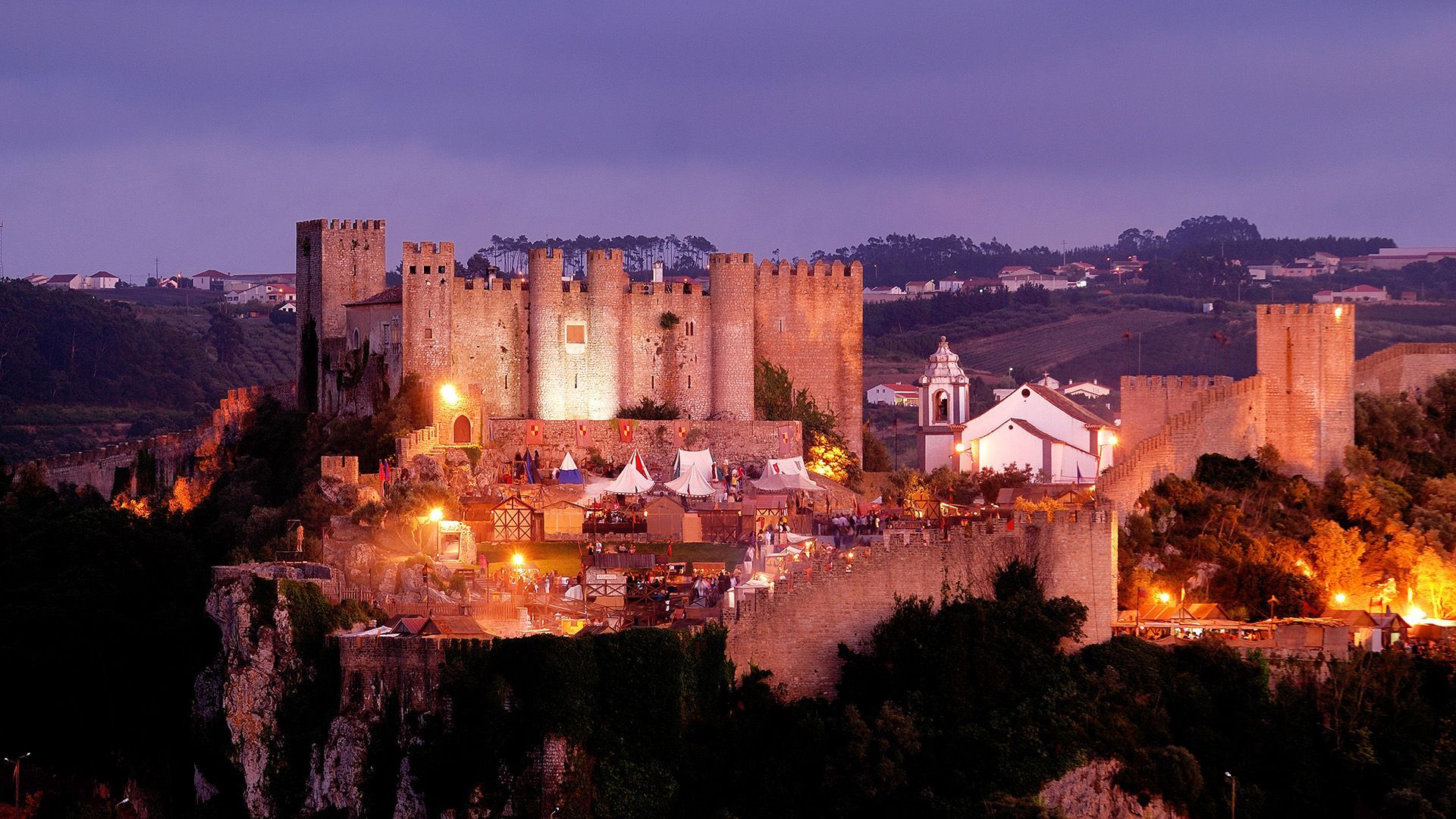A large castle is sitting on top of a hill at night.