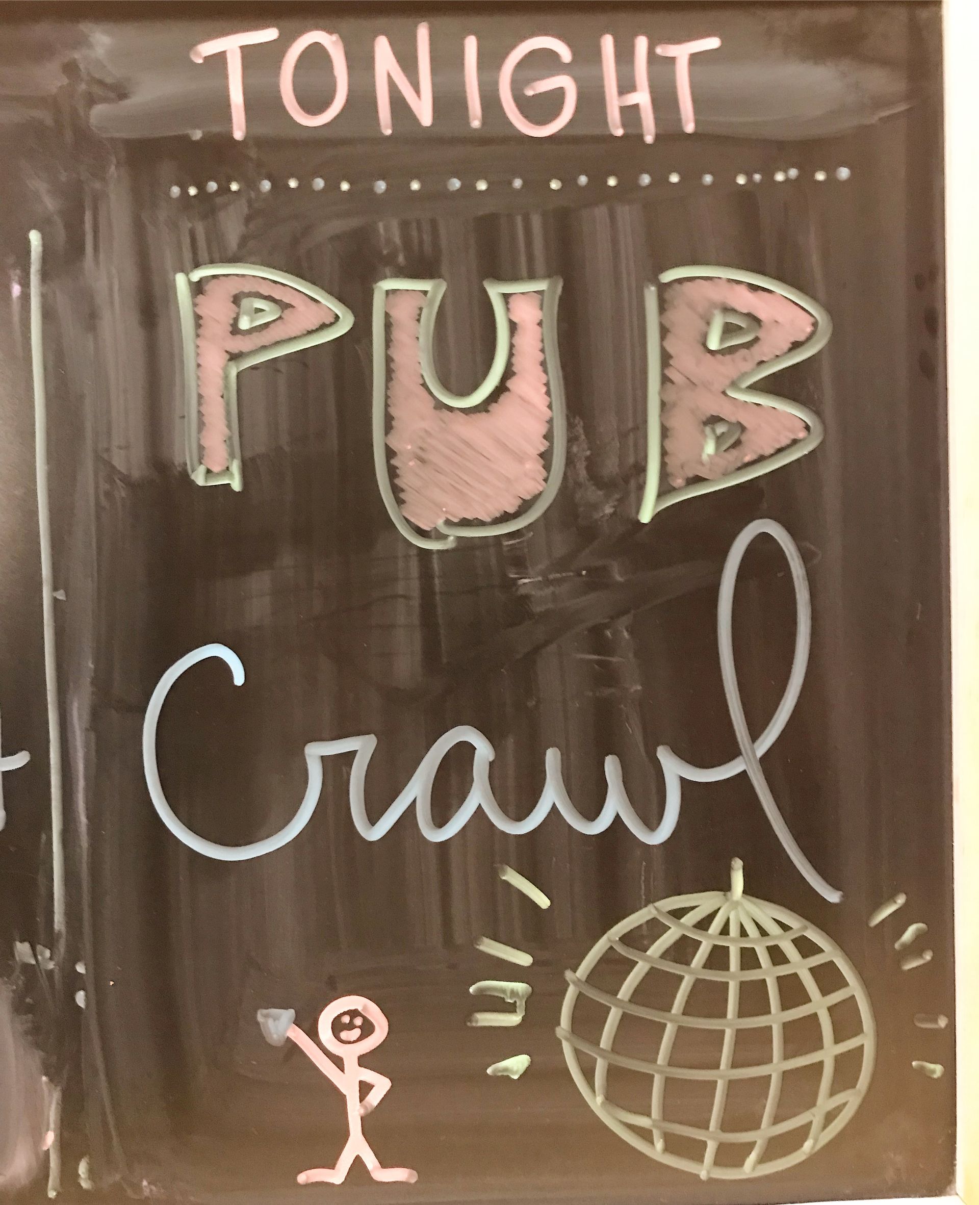 A sign that says tonight pub crawl on it