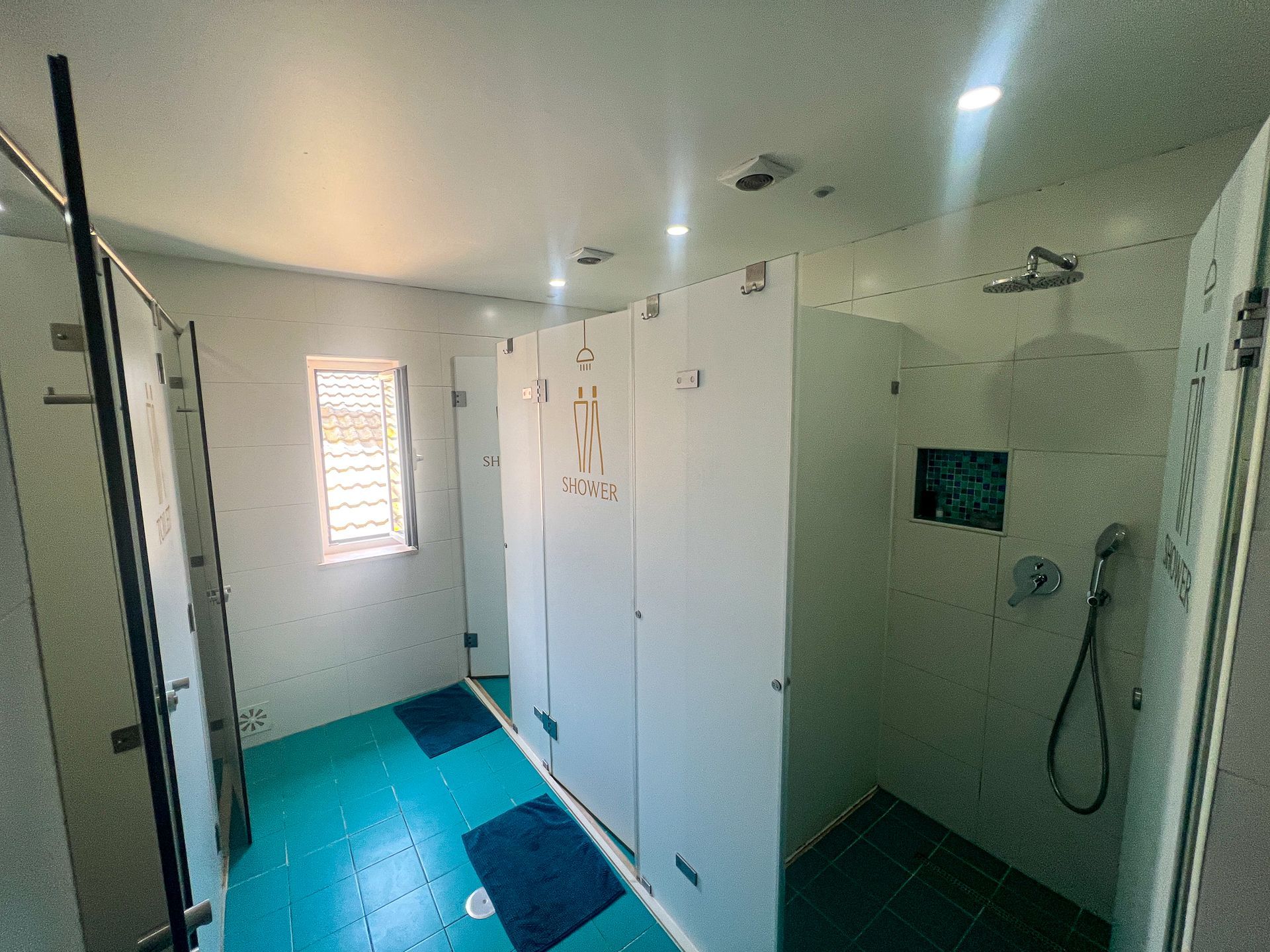 A bathroom with a walk in shower and a window.