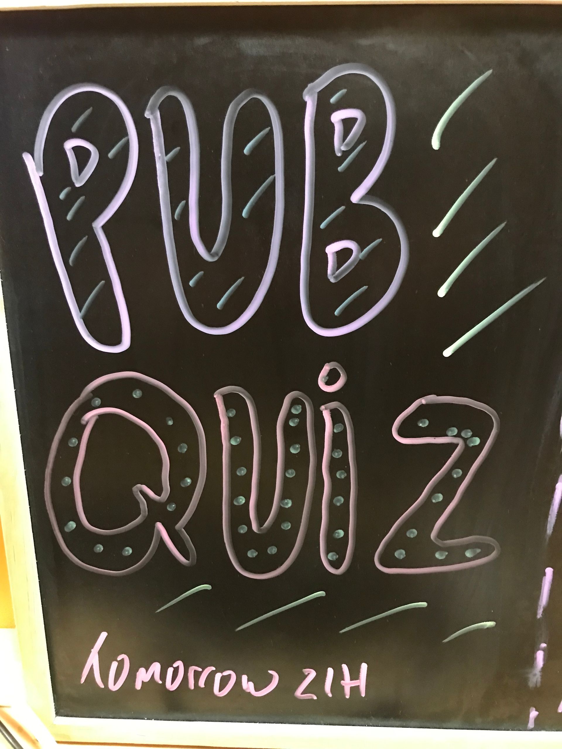 A blackboard with the words pub quiz written on it