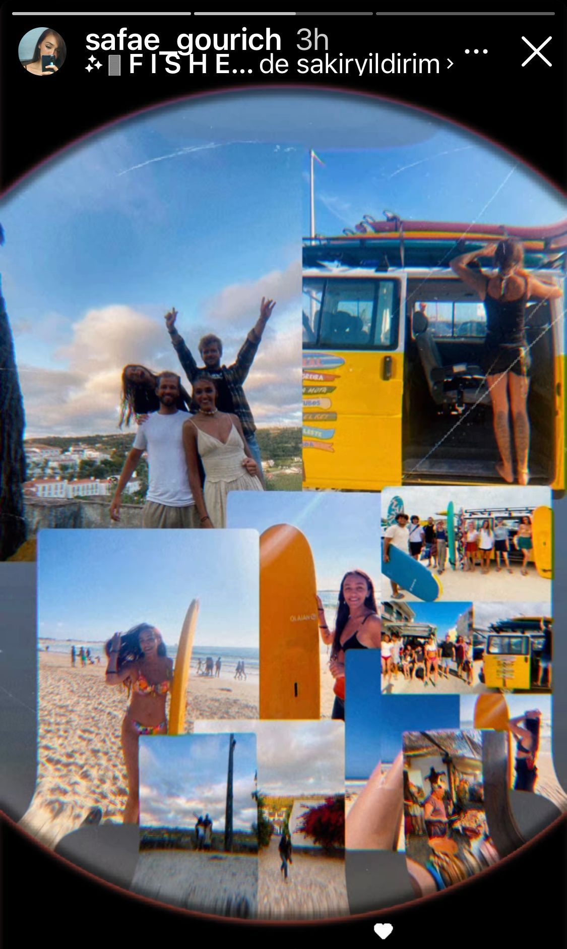 A collage of photos of people standing on a beach