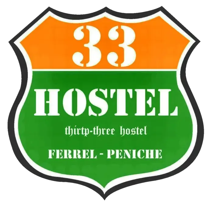 A green and orange sign that says 33 hostel