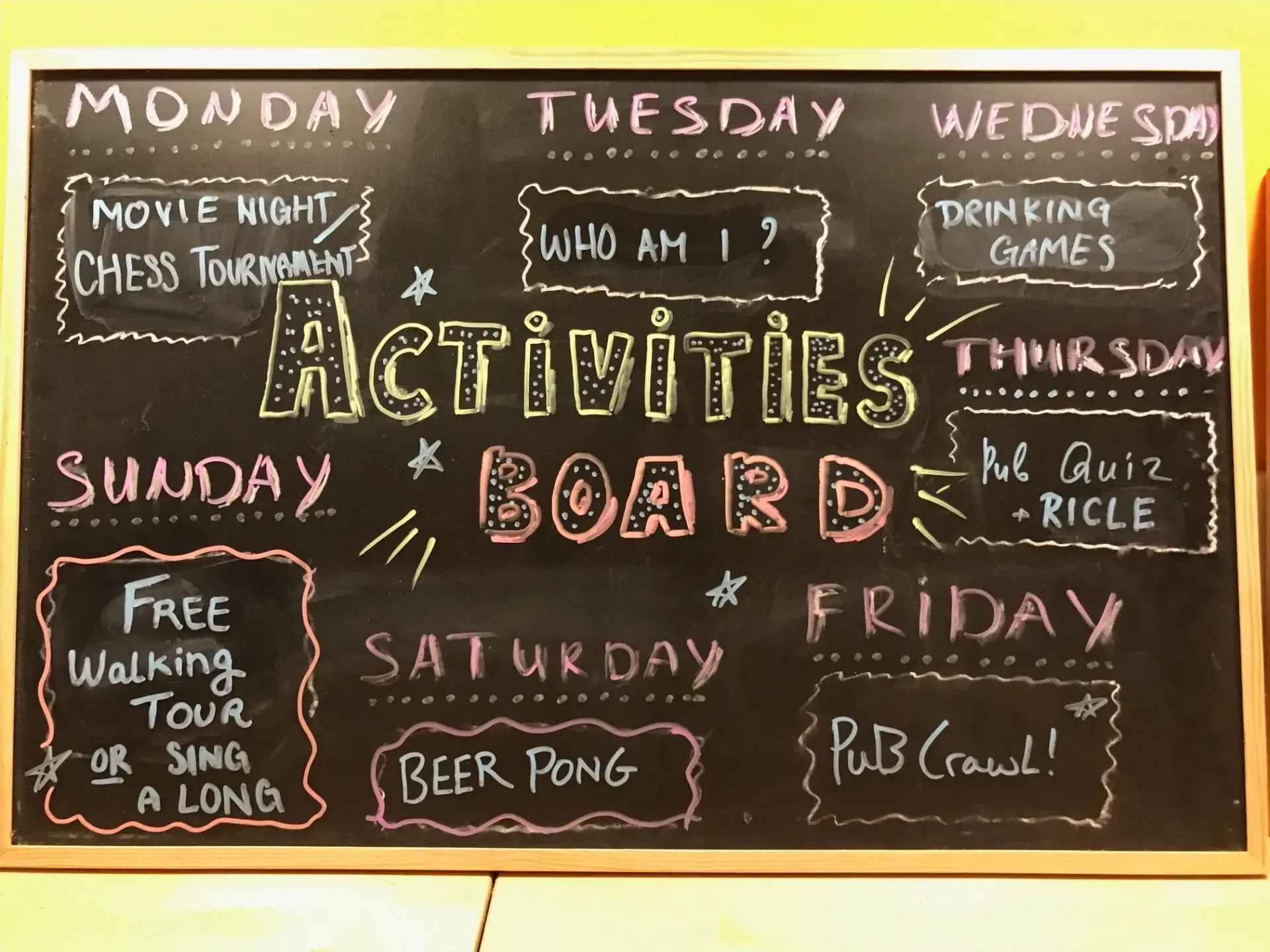 Hostel Activities week plan
