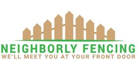 Logo for Neighborly Fencing: brown picket fence over green grass. Text reads 