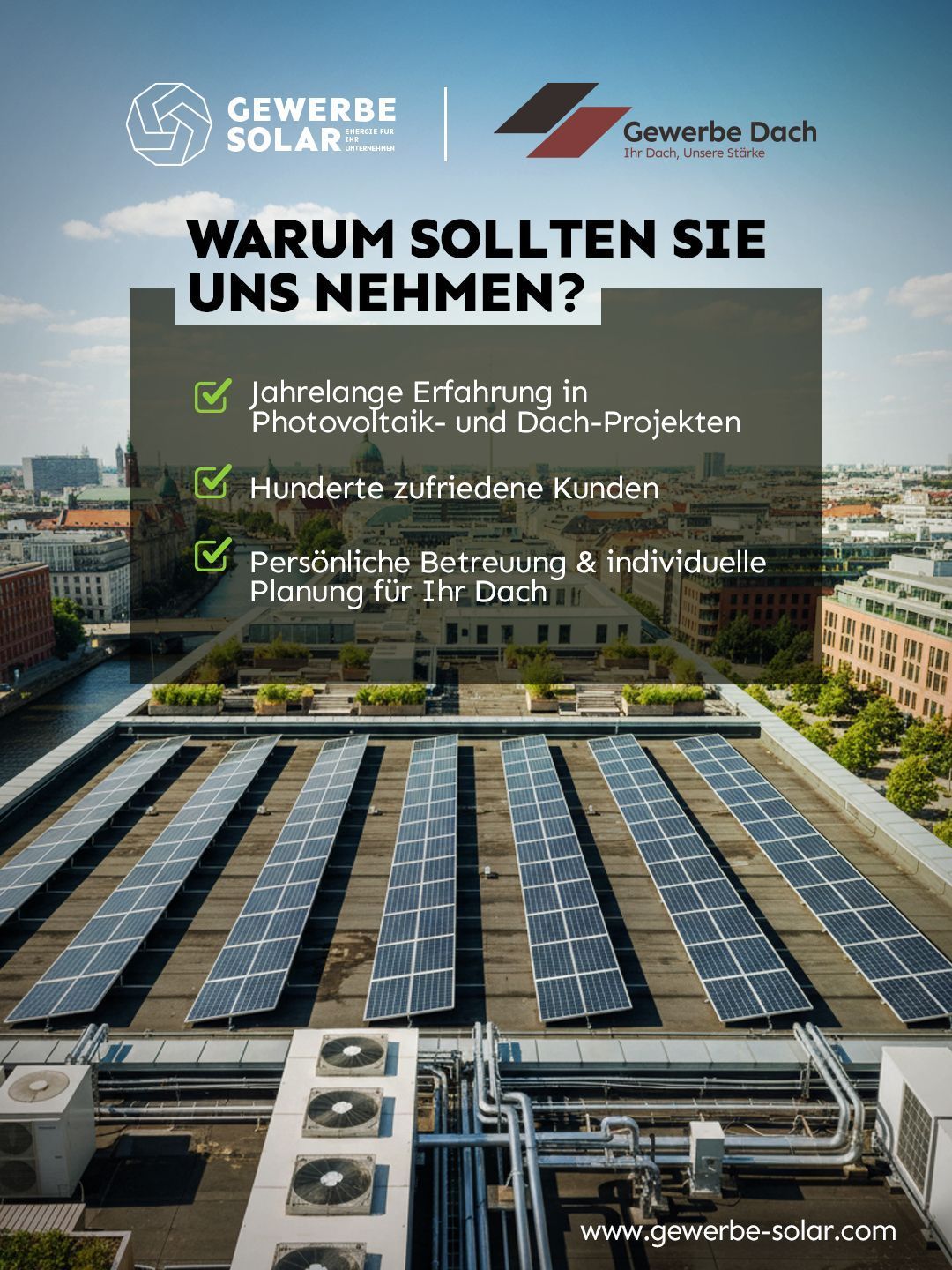 Solar-panel rooftop with German text advertising Gewerbe Dach solar installation services