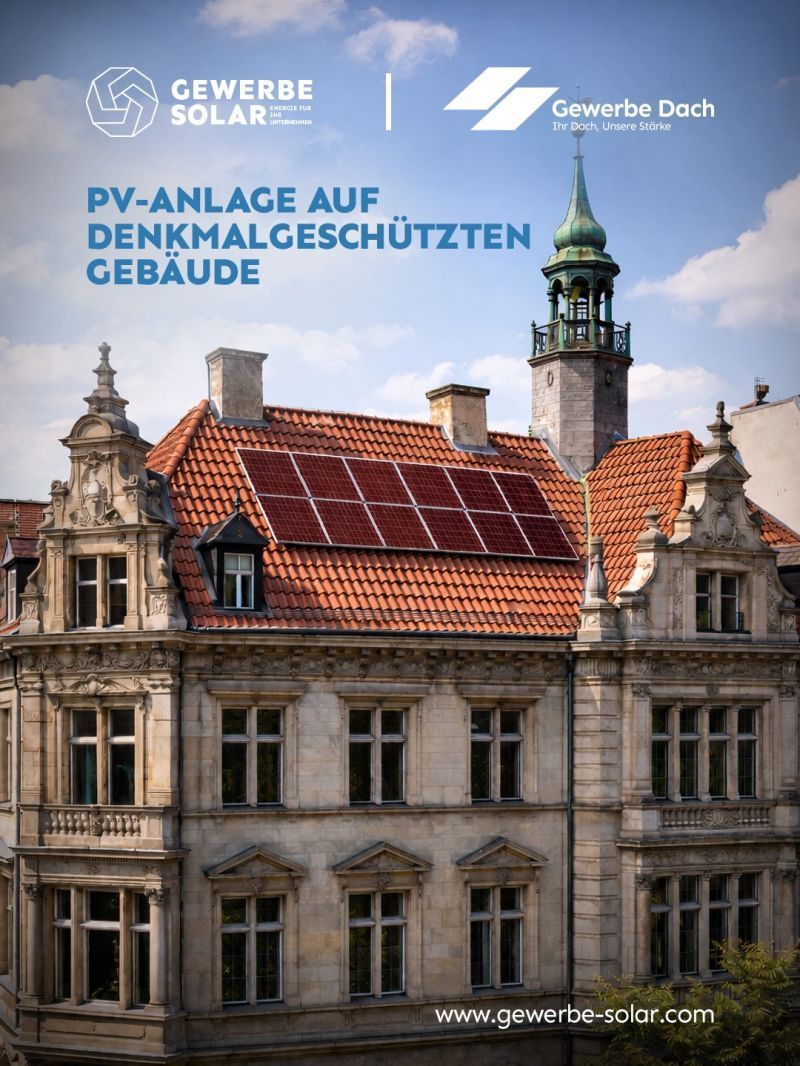 Historisches Gebäude mit rotem Solardach unter blauem Himmel, Werbegrafik für PV-Anlage auf Denkmalschutzgebäude