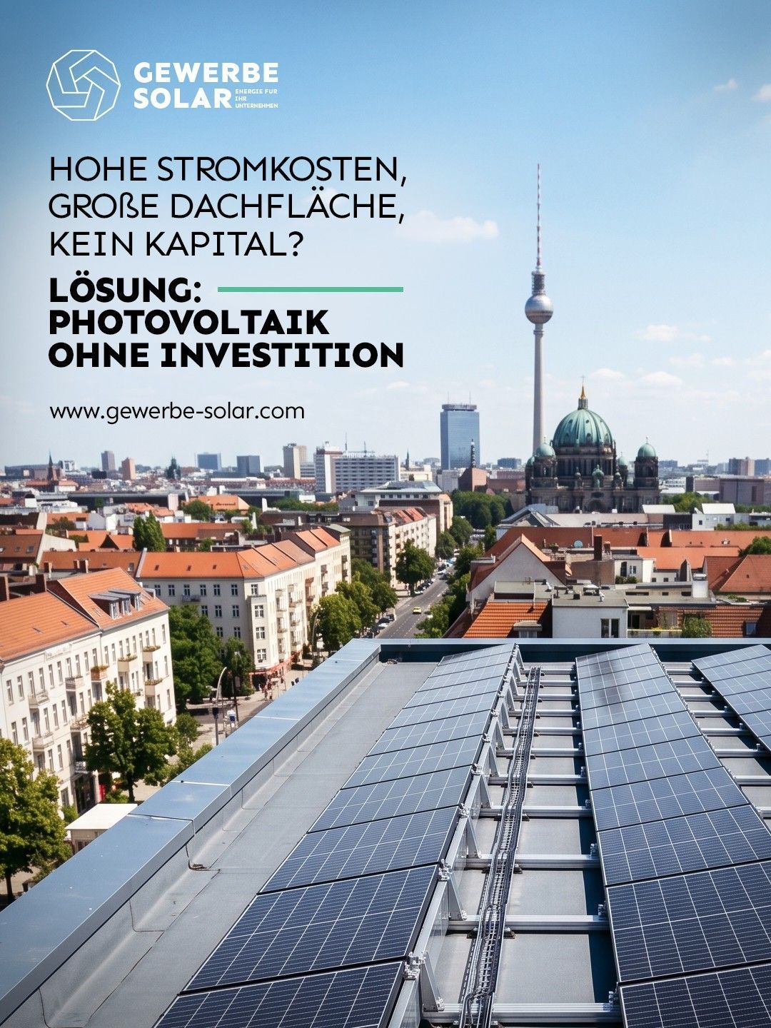 Solar panels on a rooftop overlooking a city skyline with a tall TV tower under a clear sky.