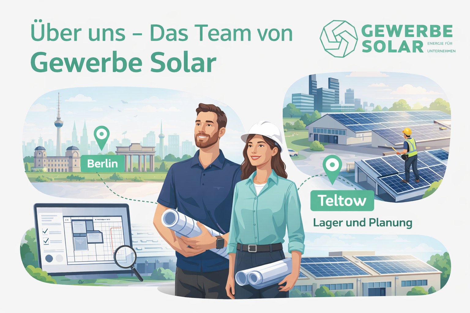 Team von Gewerbe Solar vor Berliner und Teltower Standortgrafiken, mit Laptop und Plänen