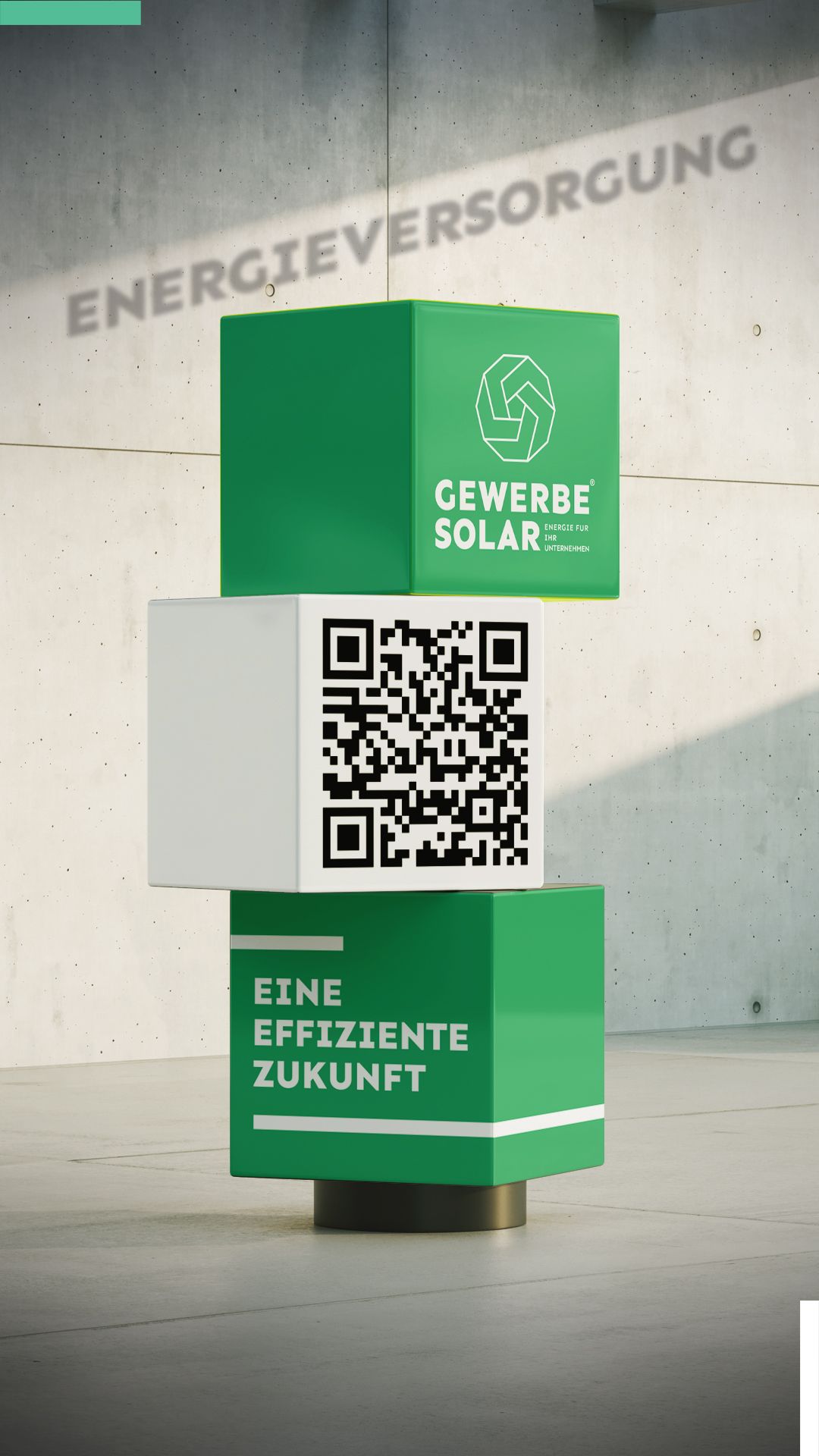 Green solar energy sign with QR code on a pedestal under “Energieversorgung” text indoors