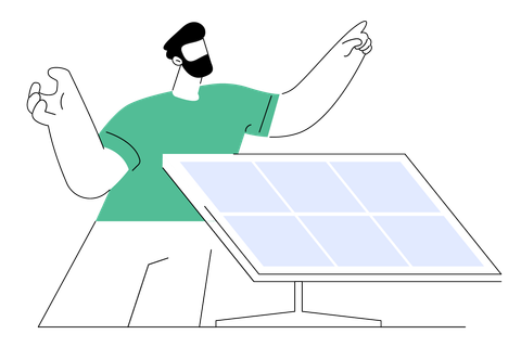 Person in green shirt gesturing beside a solar panel illustration