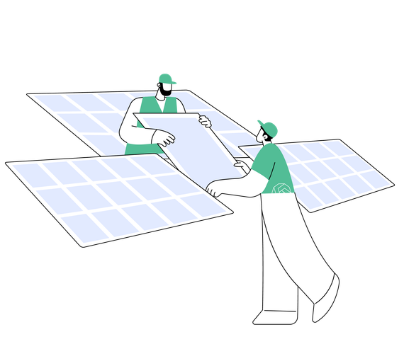 Two workers in green uniforms carrying large solar panels outdoors