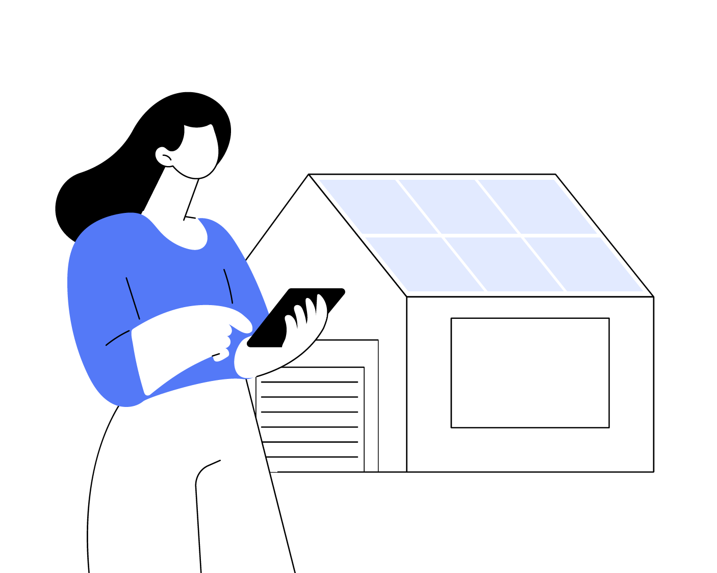 Person using a phone in front of a house with solar panels on the roof