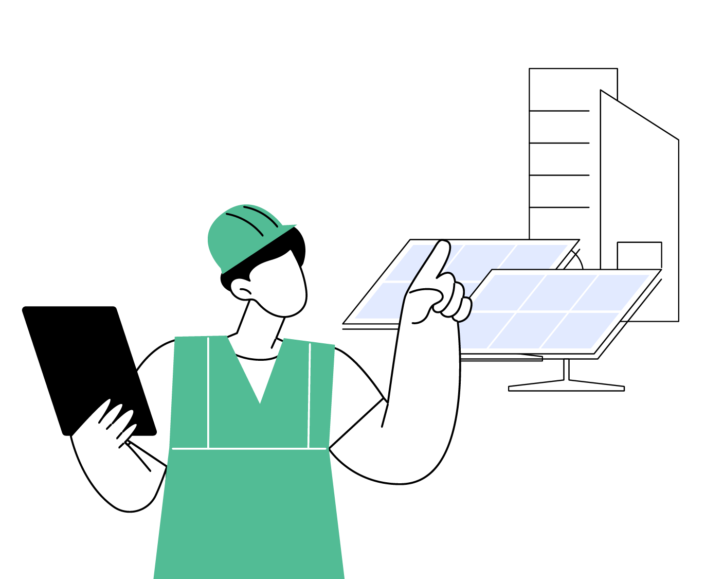 Worker in green vest and hard hat holding a tablet, inspecting blue solar panels at a facility