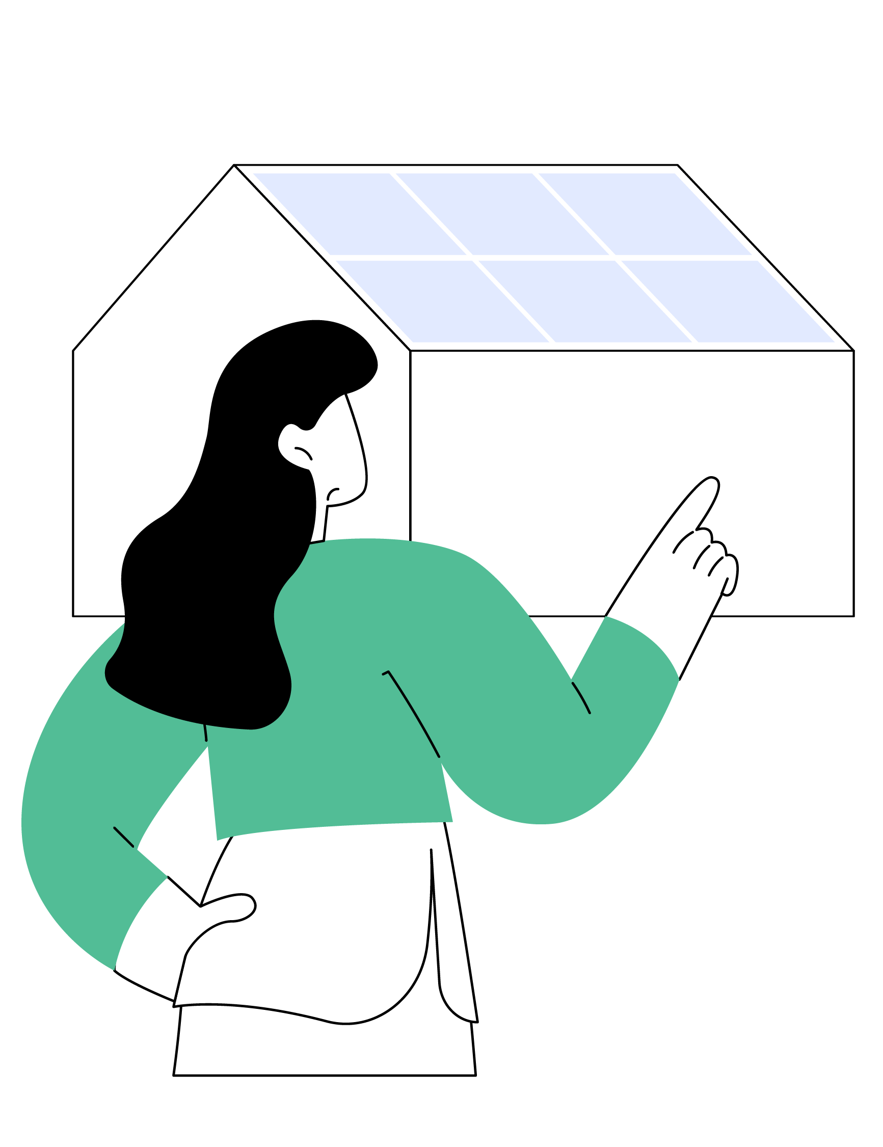 Person looking up at a white house with a blue roof, hand raised toward it.