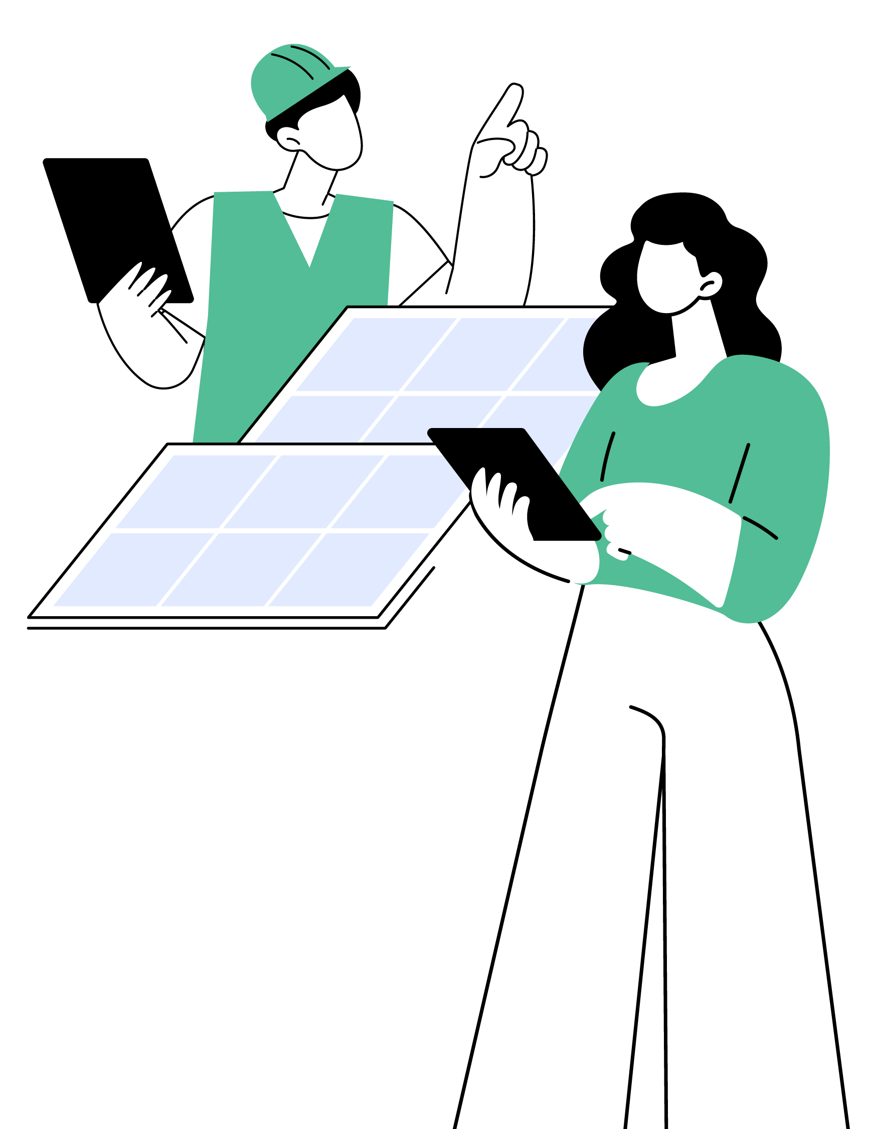 Two people discussing over a solar panel, one holding a tablet and the other pointing.