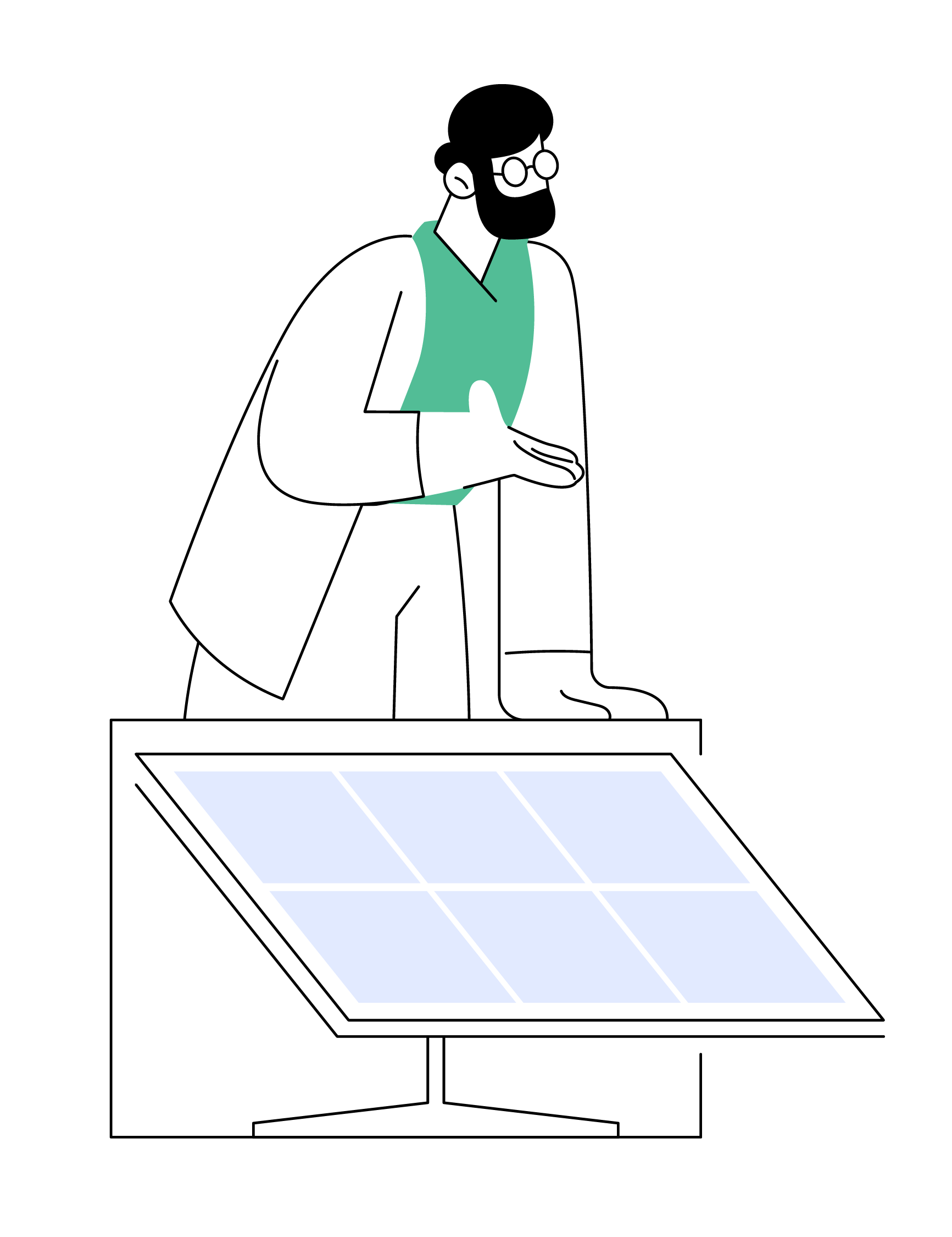 Person standing by a solar panel, leaning on a railing in a simple line drawing.