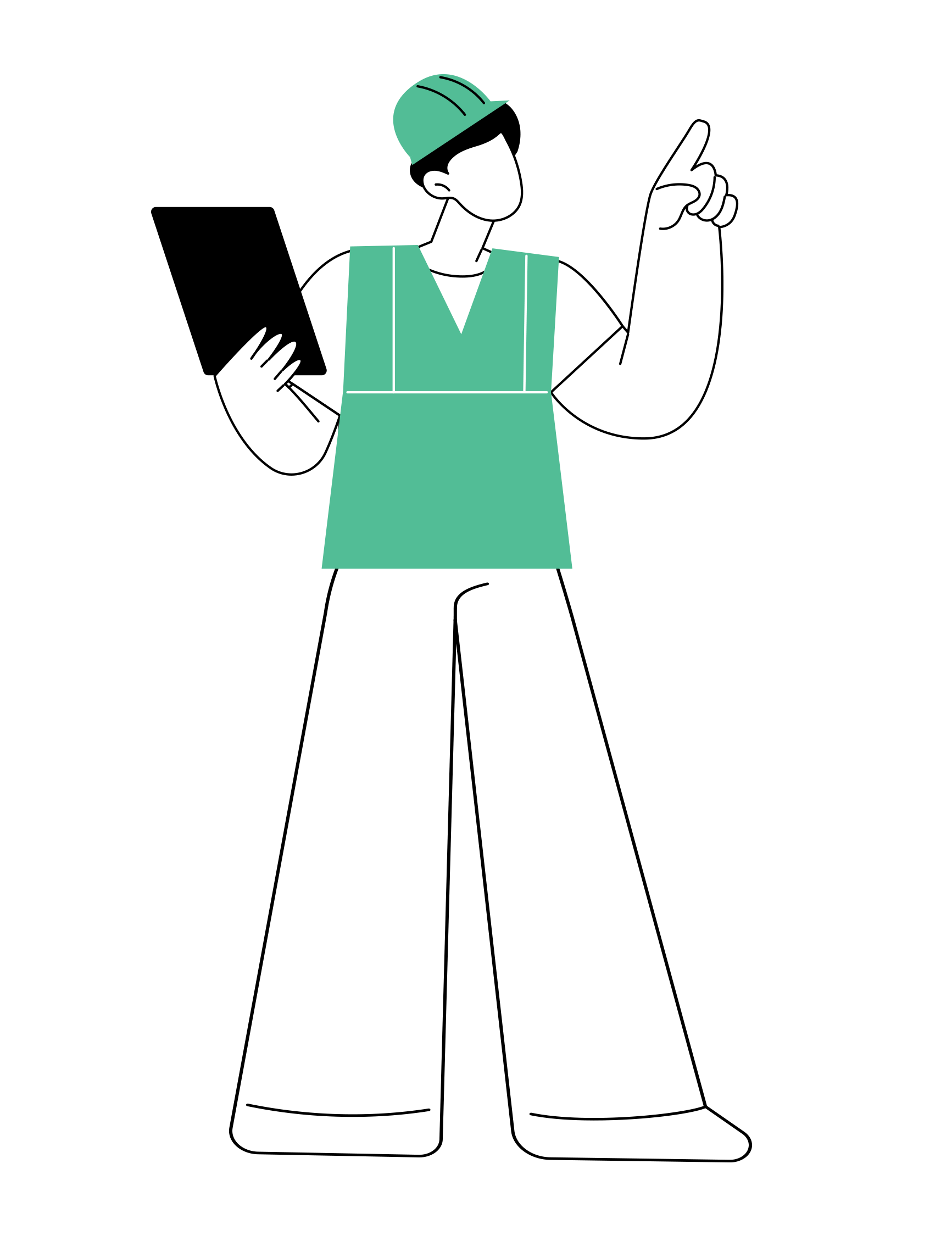 Illustration of a worker in green holding a clipboard and raising one hand.