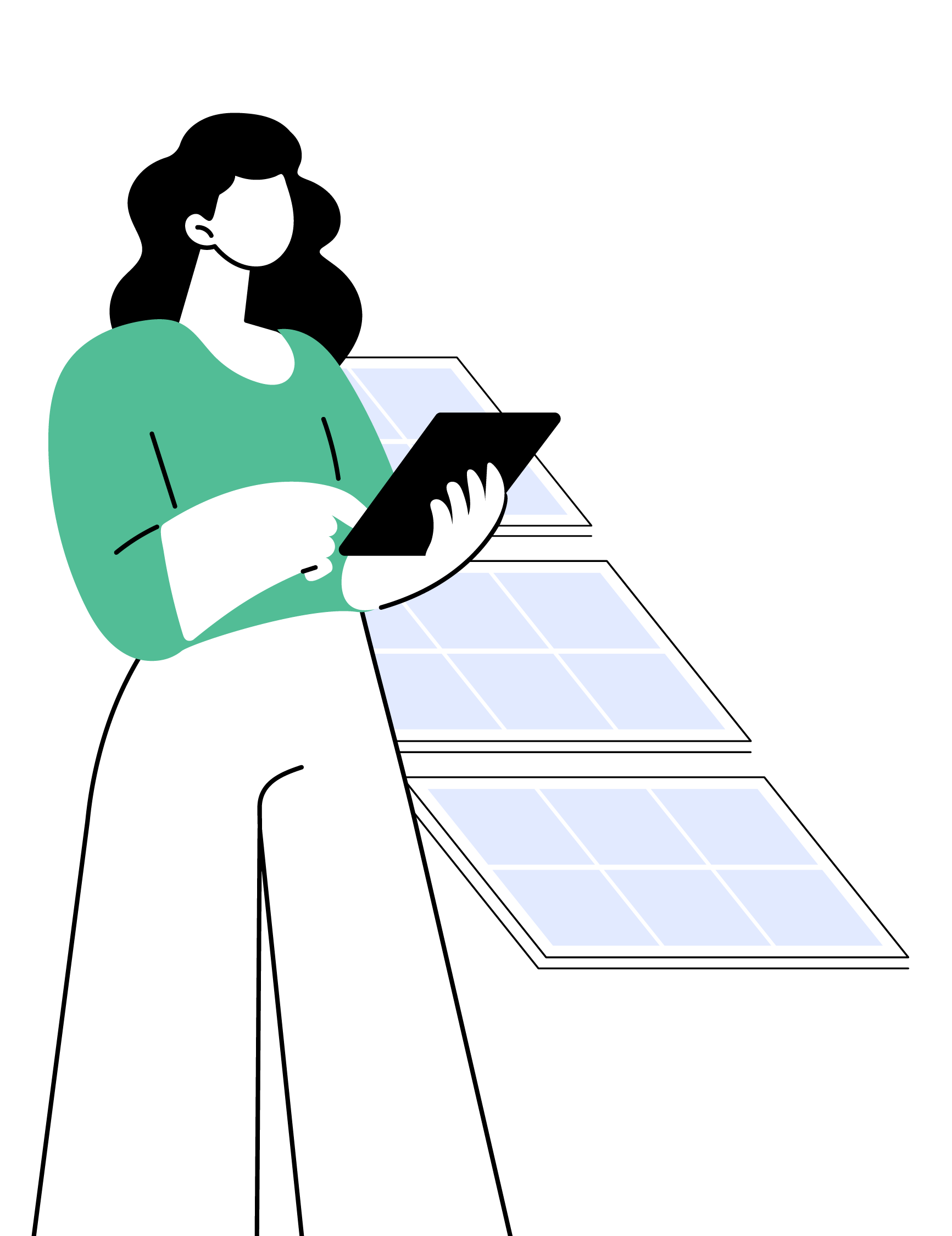 Person in green sweater holding a tablet in front of solar panels.