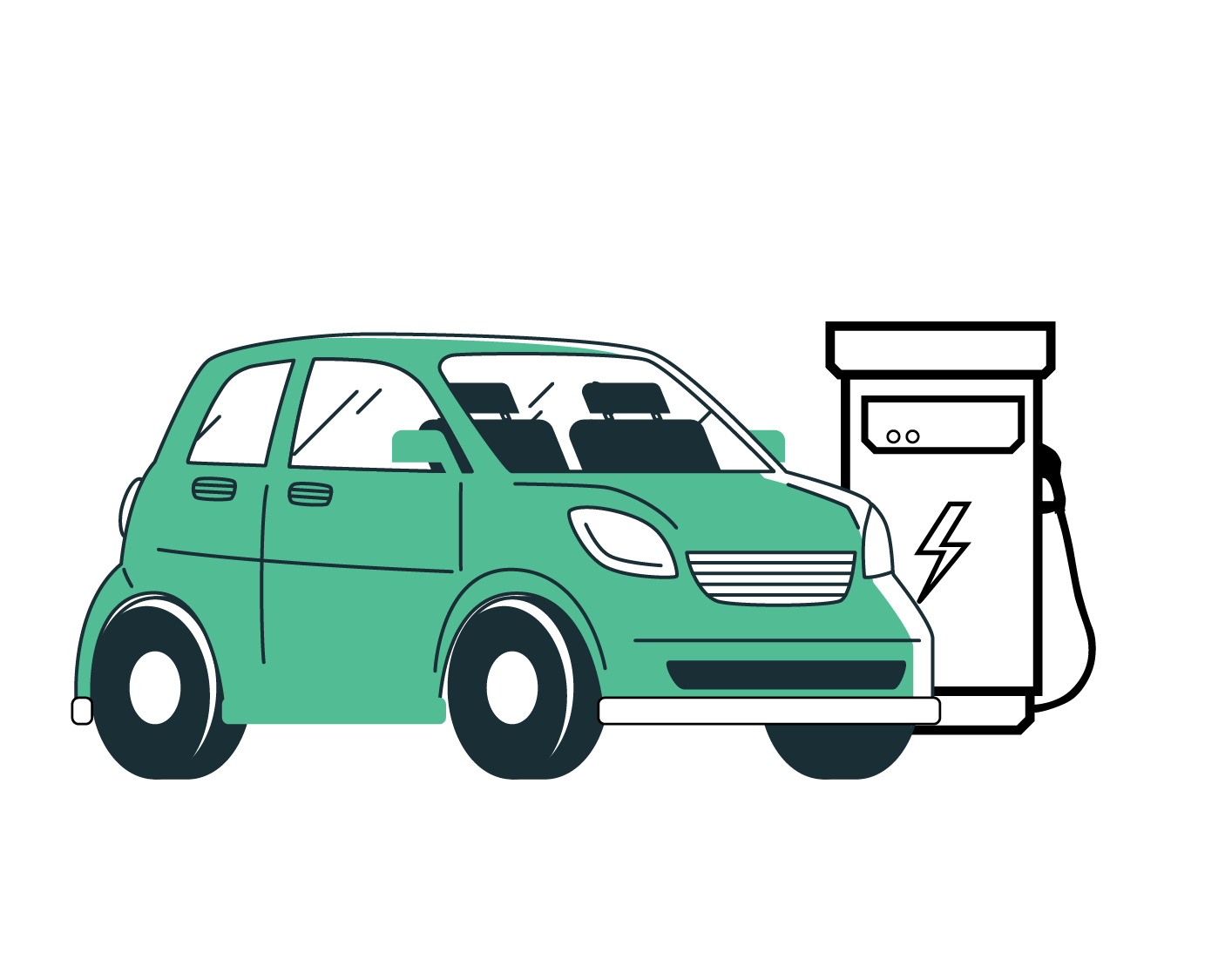 Green electric car charging at a station with a lightning bolt icon