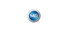 Blue circular “MR” logo icon with a silver border and white background