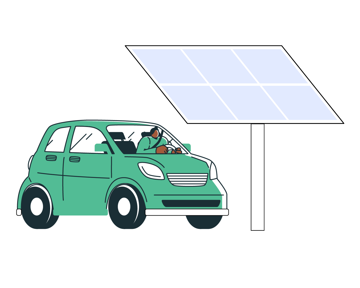 Green car charging under a solar panel