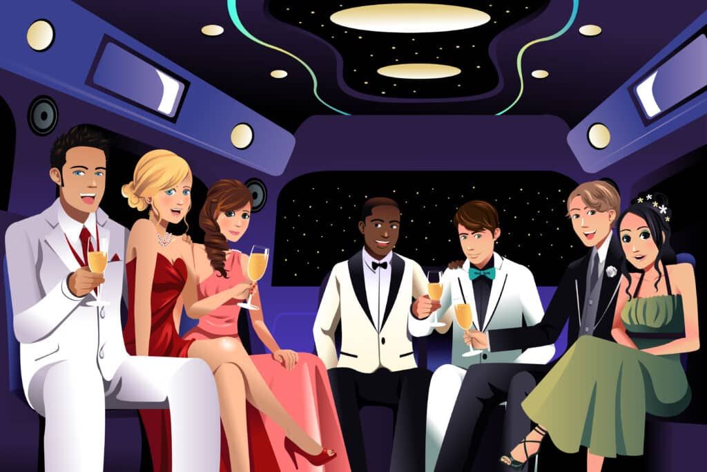 Group of six people in formal wear, sitting in a limousine, holding drinks, ready for an event.
