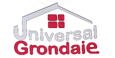 Logo Universal Grondale con icona del tetto grigio, marchio a quattro quadrati rossi e testo grigio/rosso.