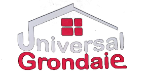 Logo Universal Grondale con icona del tetto grigio, marchio a quattro quadrati rossi e testo grigio/rosso.