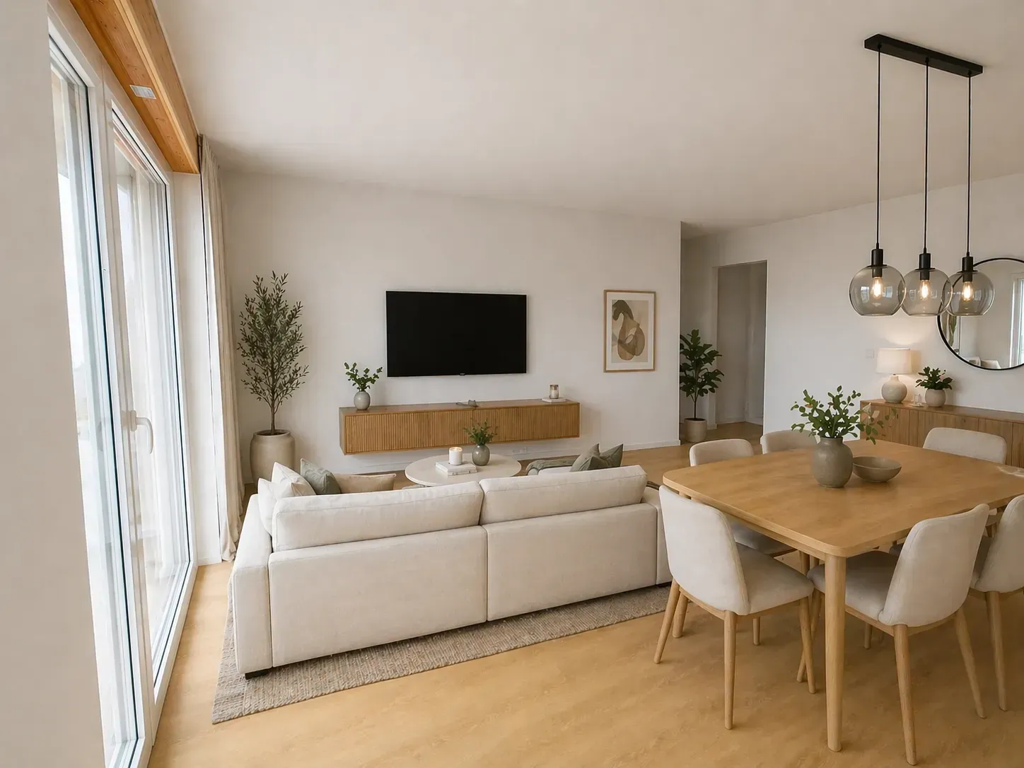 Bauprojekt Oak Garden in Fredersdorf-Vogelsdorf, Doppelhaushälfte Wohnzimmeransicht