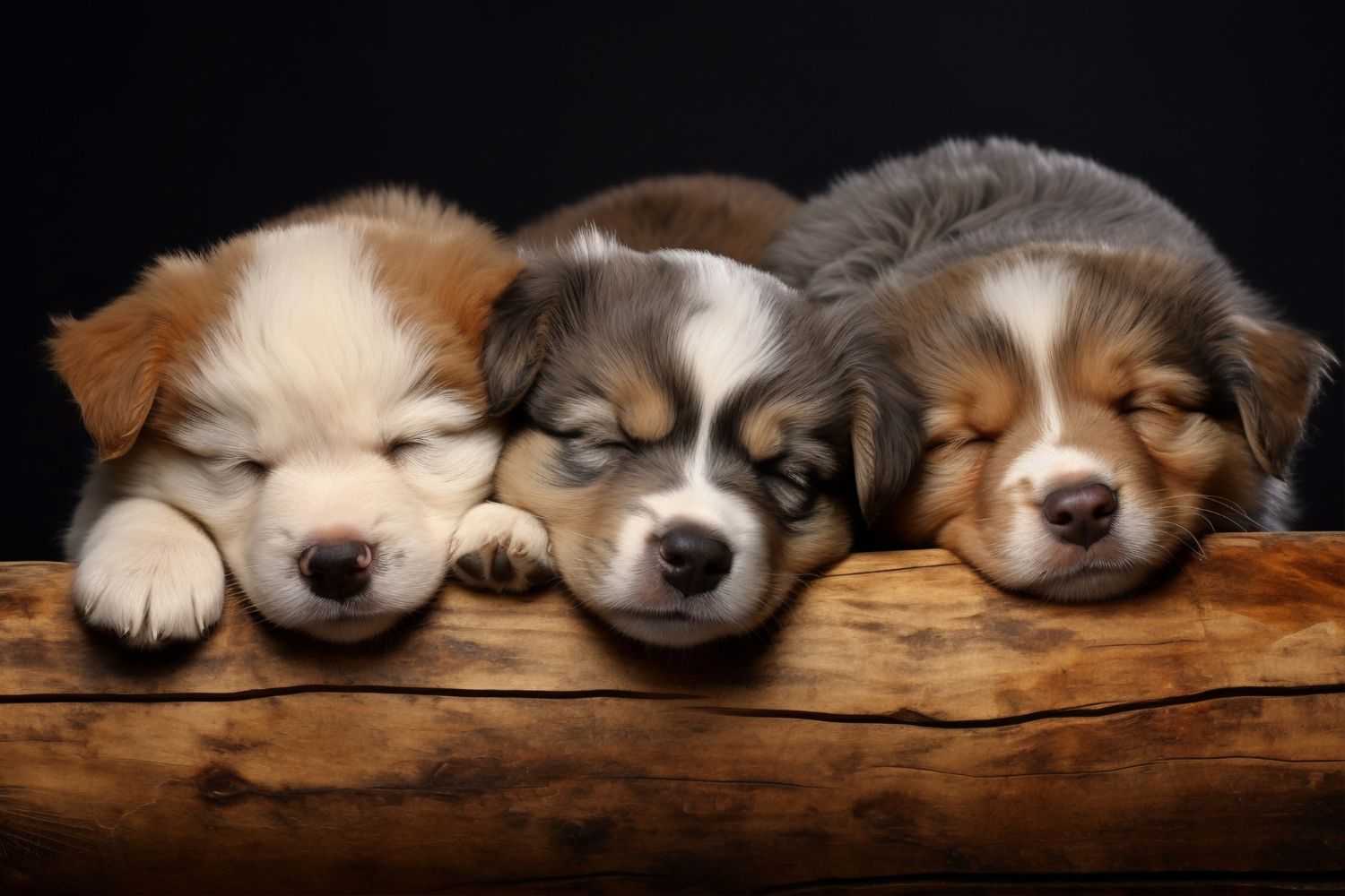 Three sleeping puppies nestled together on a wooden log, various colors and markings, black background.
