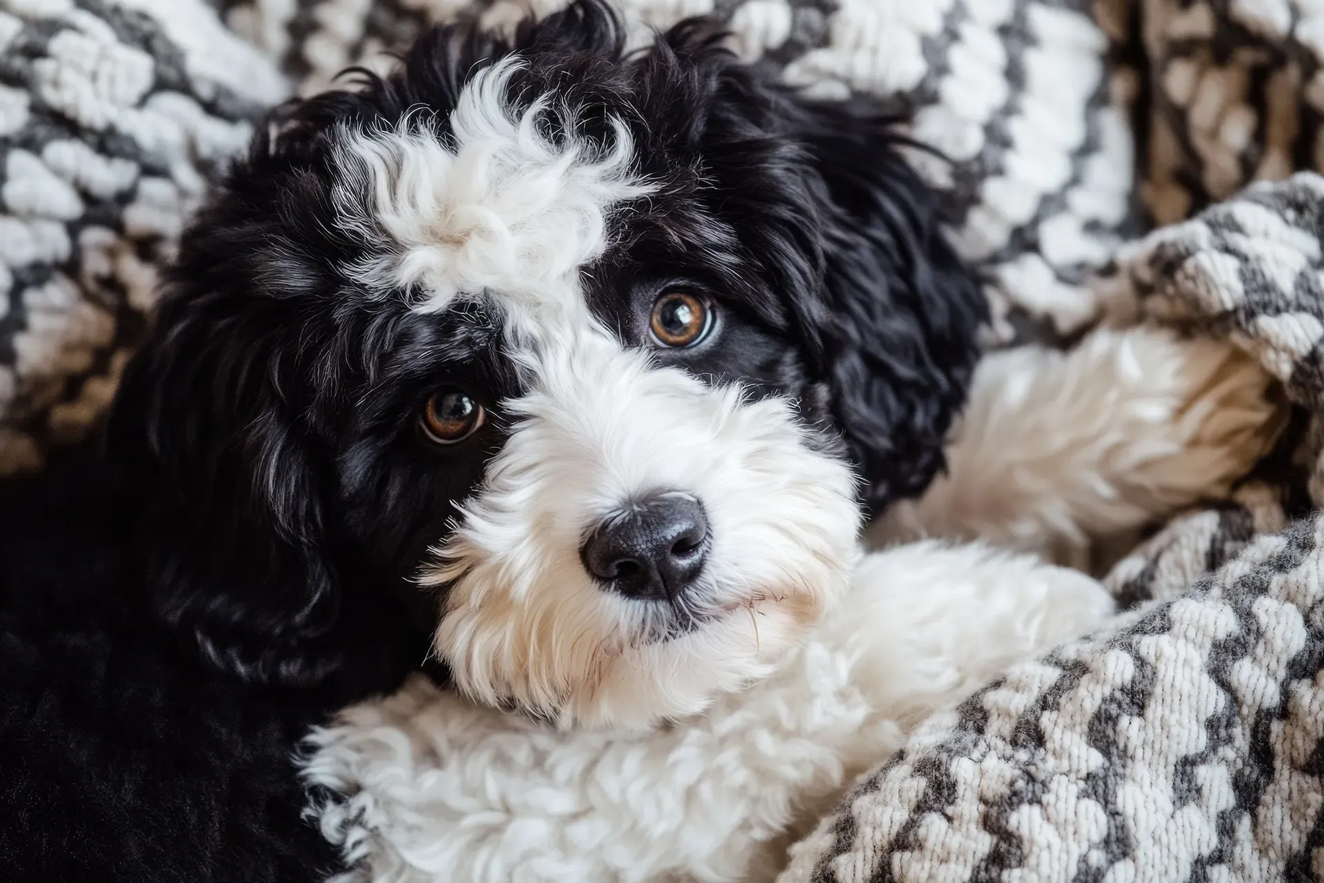 a puppy laying on a blanket