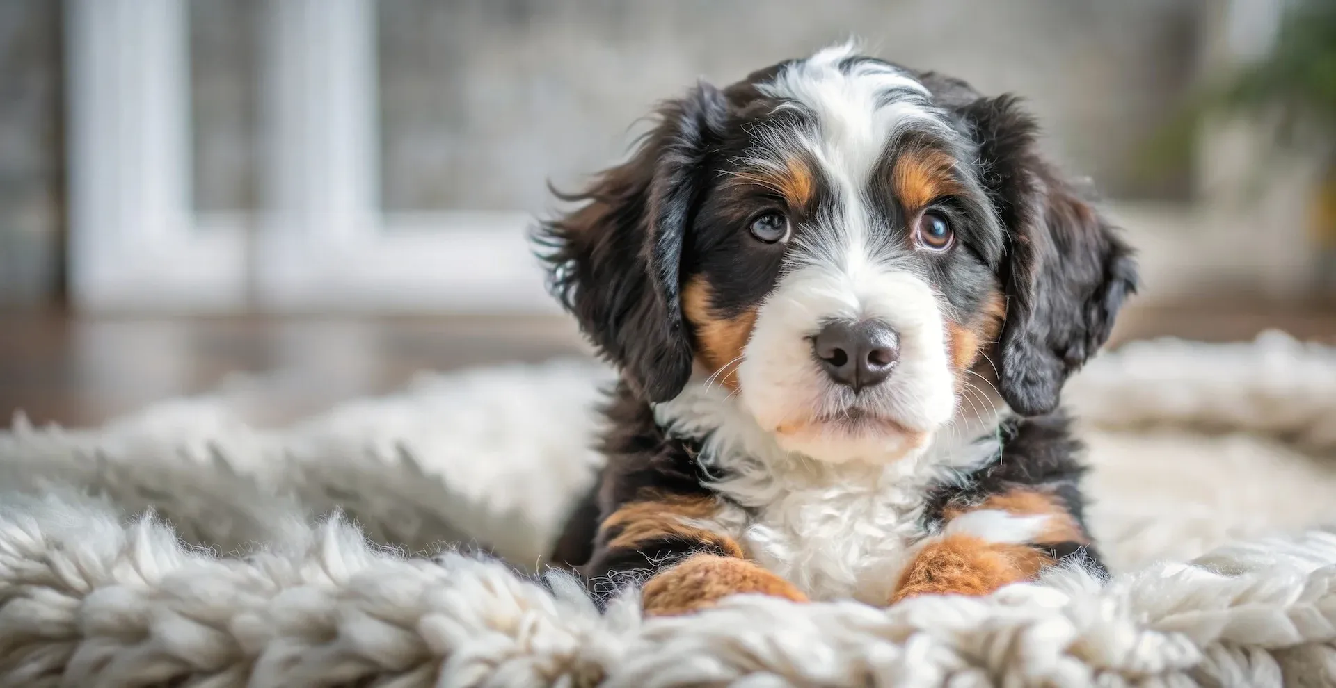 A bernese mountain dog puppy is laying on a blanket on the floor.