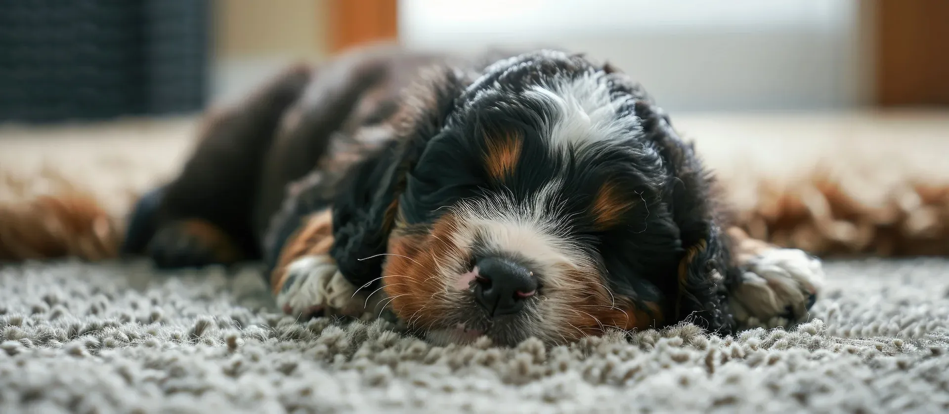 A puppy is laying on a fluffy blanket.