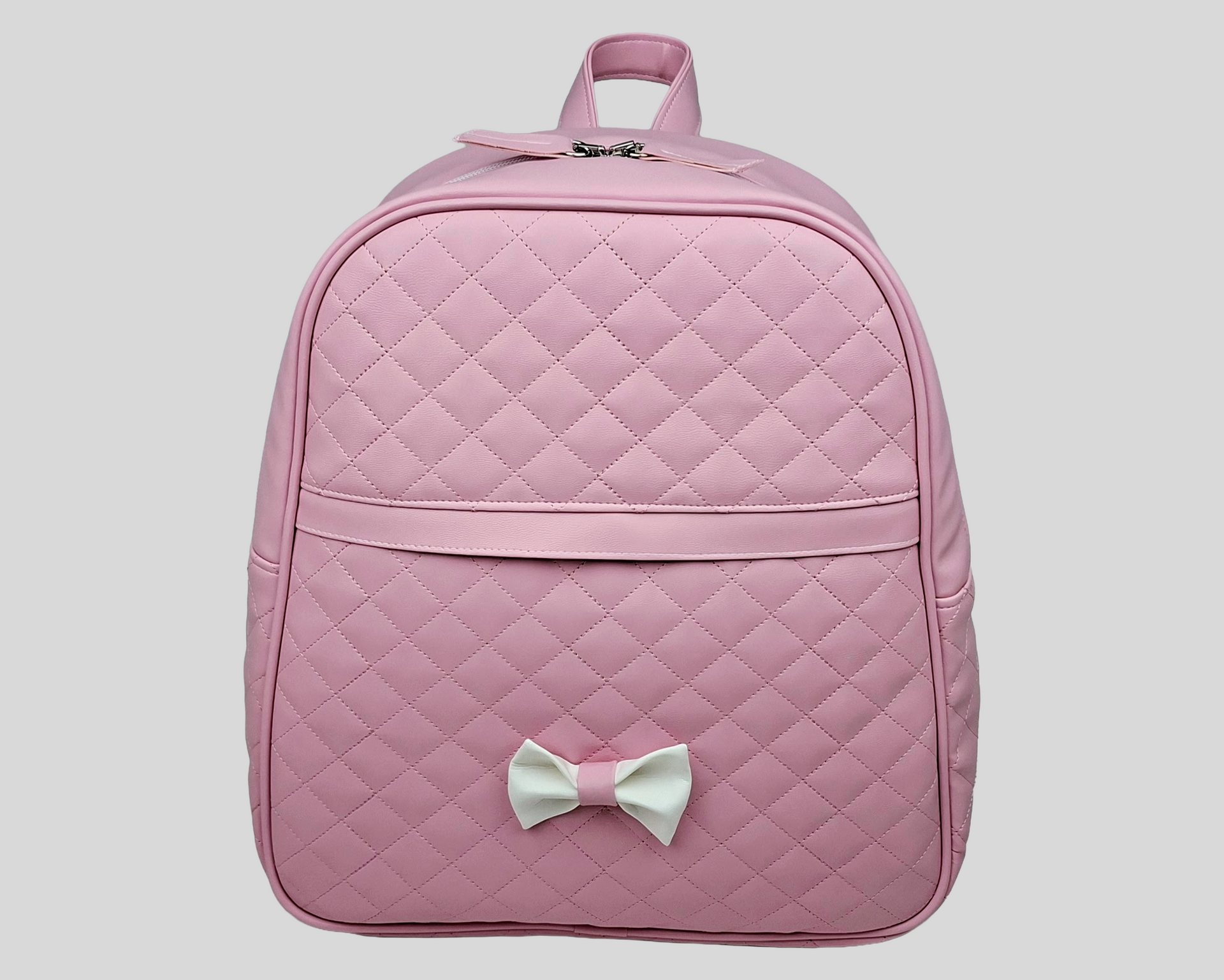 MOCHILA PELE SINTÉTICA ACOLCHOADA COR ROSA COM BOLSO EXTERIOR, FECHO DE CORRER, ALÇAS TRASEIRAS AJUSTÁVEIS E LAÇO