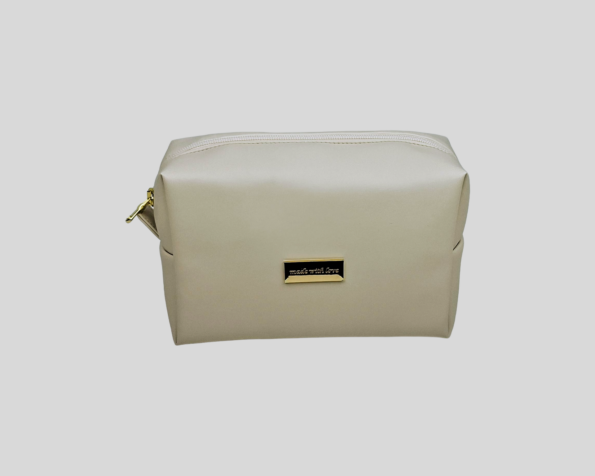 NECESSAIRE PELE SINTÉTICA LISA COR BEGE COM FECHO DE CORRER, CHAPA DOURADA