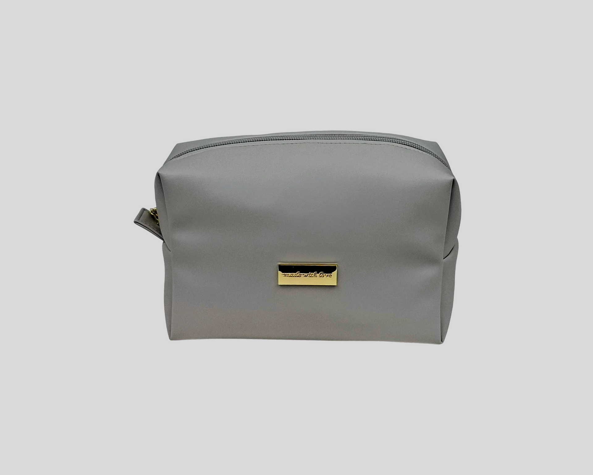 NECESSAIRE PELE SINTÉTICA LISA COR CINZA COM FECHO DE CORRER, CHAPA DOURADA