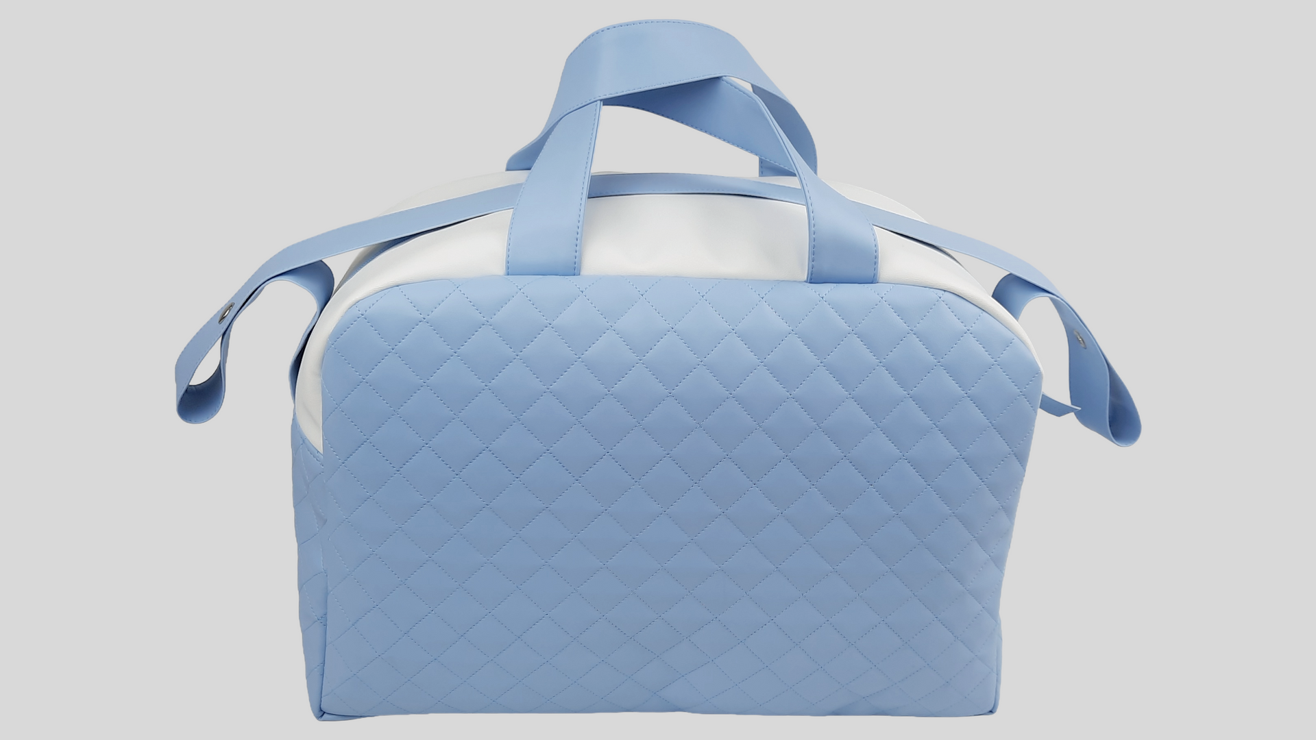 SACO MATERNIDADE PELE SINTÉTICA ACOLCHOADA COR AZUL COM BOLSOS, FECHO DE CORRER , ALÇA DE OMBRO AJUSTÁVEL E LAÇO