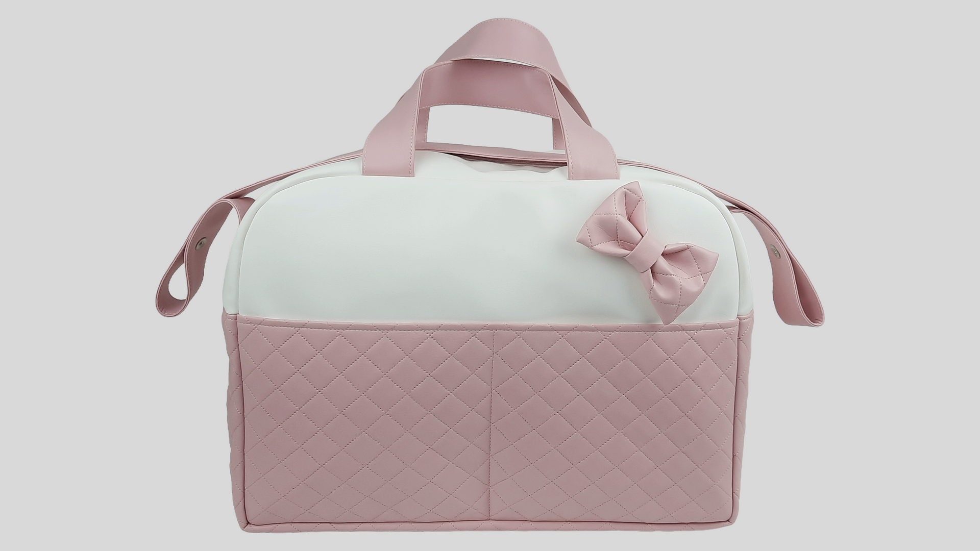 SACO MATERNIDADE PELE SINTÉTICA ACOLCHOADA COR ROSA COM BOLSOS, FECHO DE CORRER , ALÇA DE OMBRO AJUSTÁVEL E LAÇO