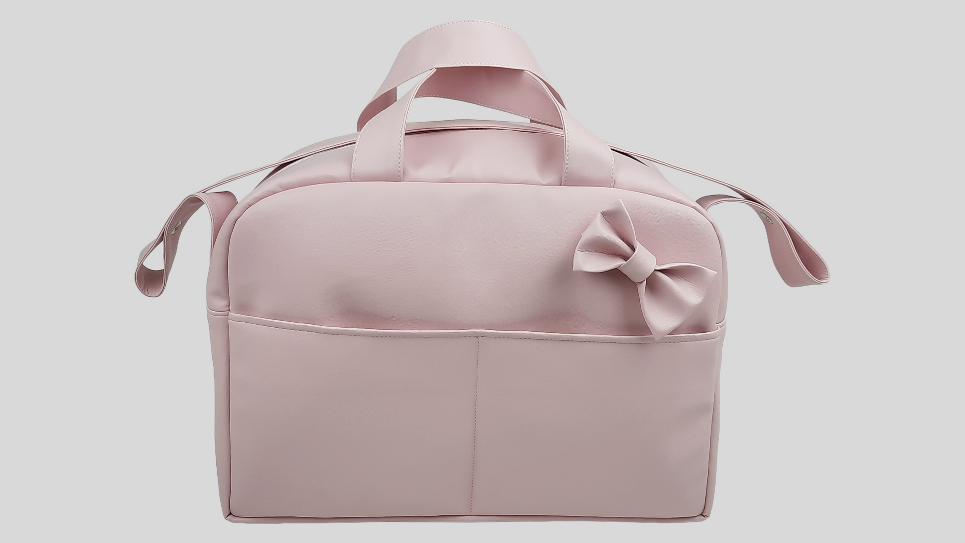 SACO MATERNIDADE PELE SINTÉTICA LISA COR ROSA COM BOLSOS, FECHO DE CORRER E ALÇA DE OMBRO AJUSTÁVEL