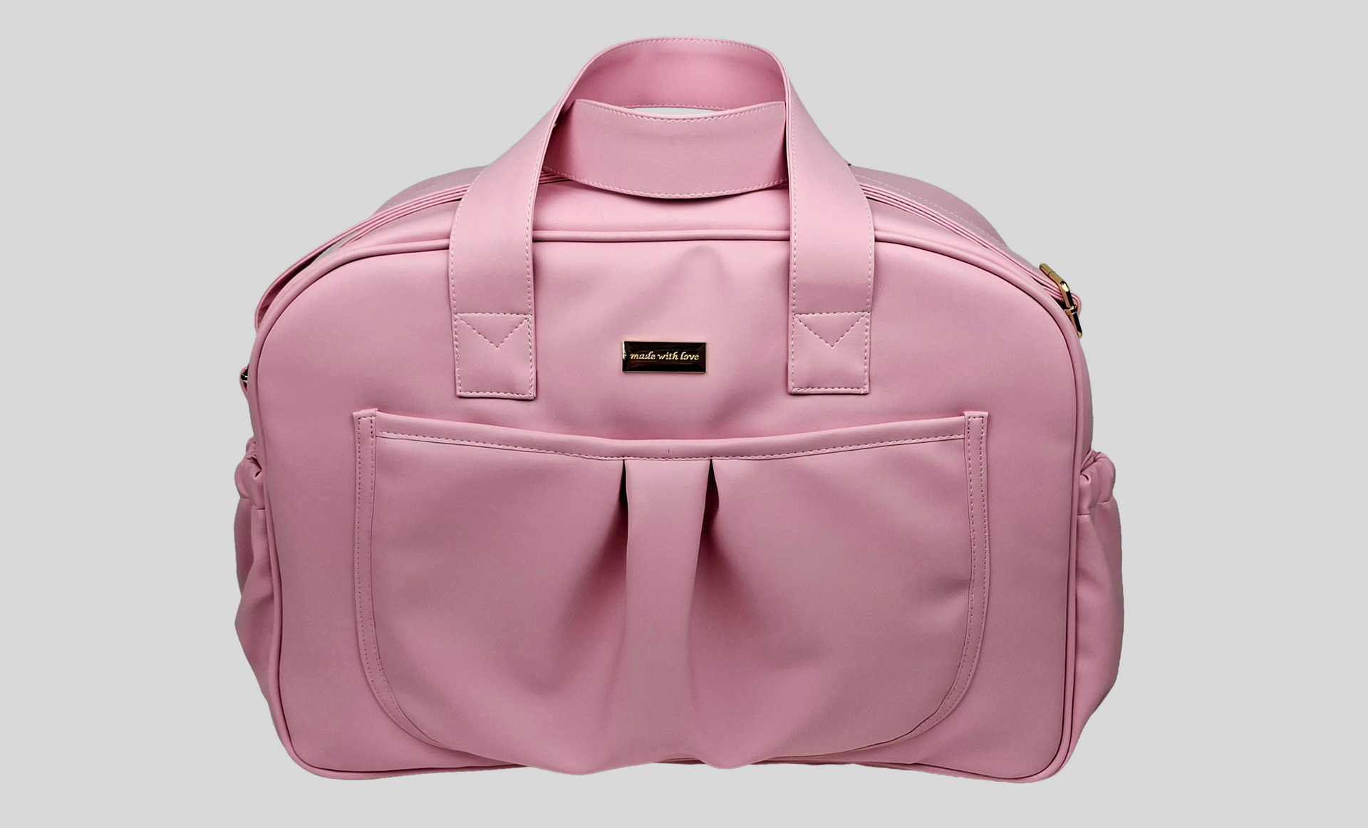 SACO MATERNIDADE PELE SINTÉTICA LISA COR ROSA COM BOLSOS EXTERIORES À FRENTE E DOS LADOS, FECHO DE CORRER, ALÇA DE OMBRO AJUSTÁVEL, ACESSÓRIOS DOURADOS