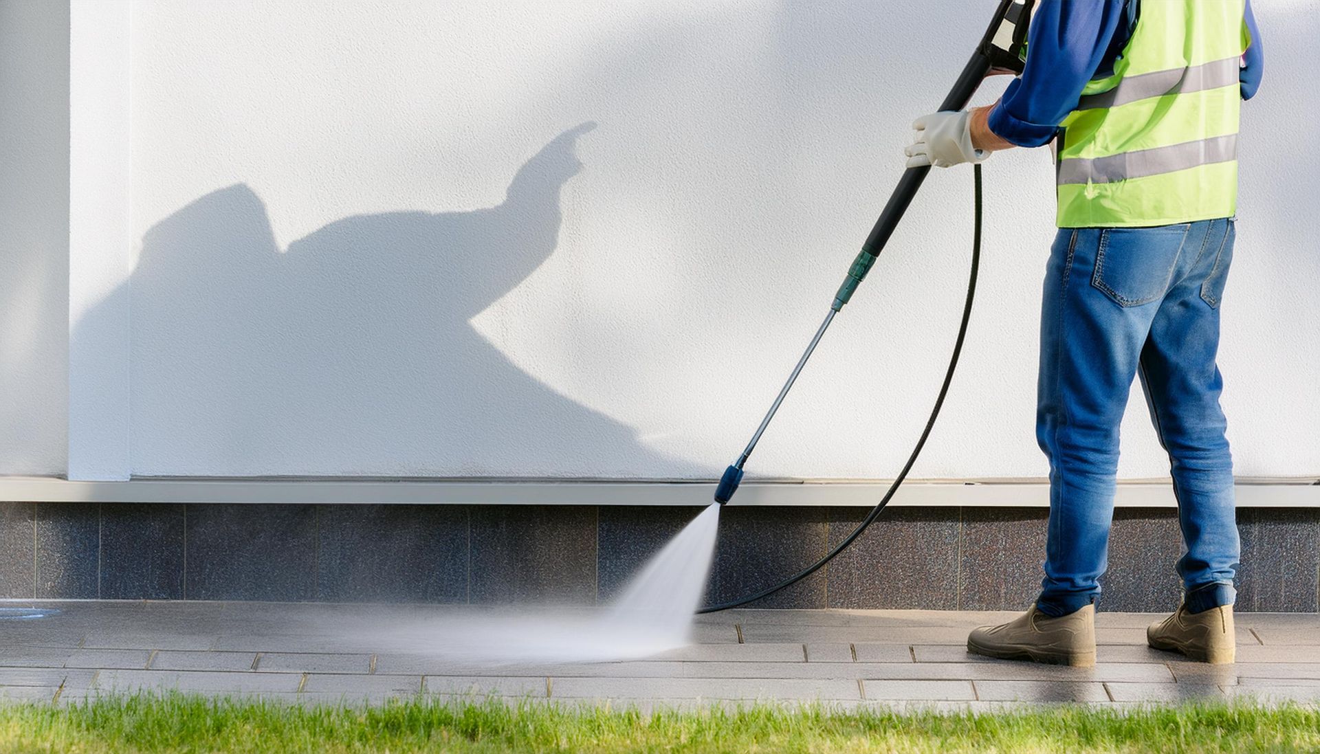 Man in safety vest power washing a white wall and paved walkway.