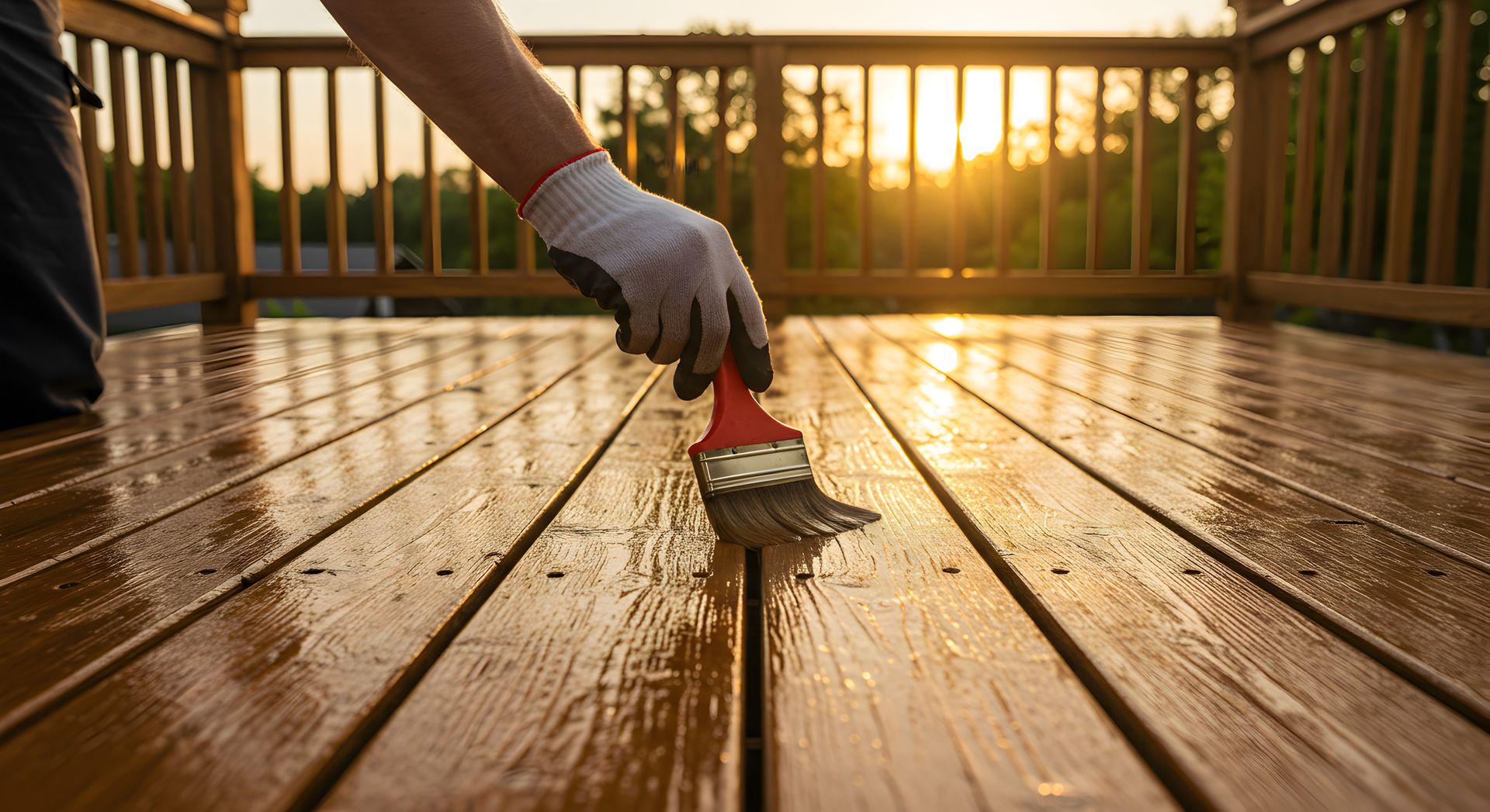 Person applying stain to wooden deck with a brush, wearing gloves, at sunset.