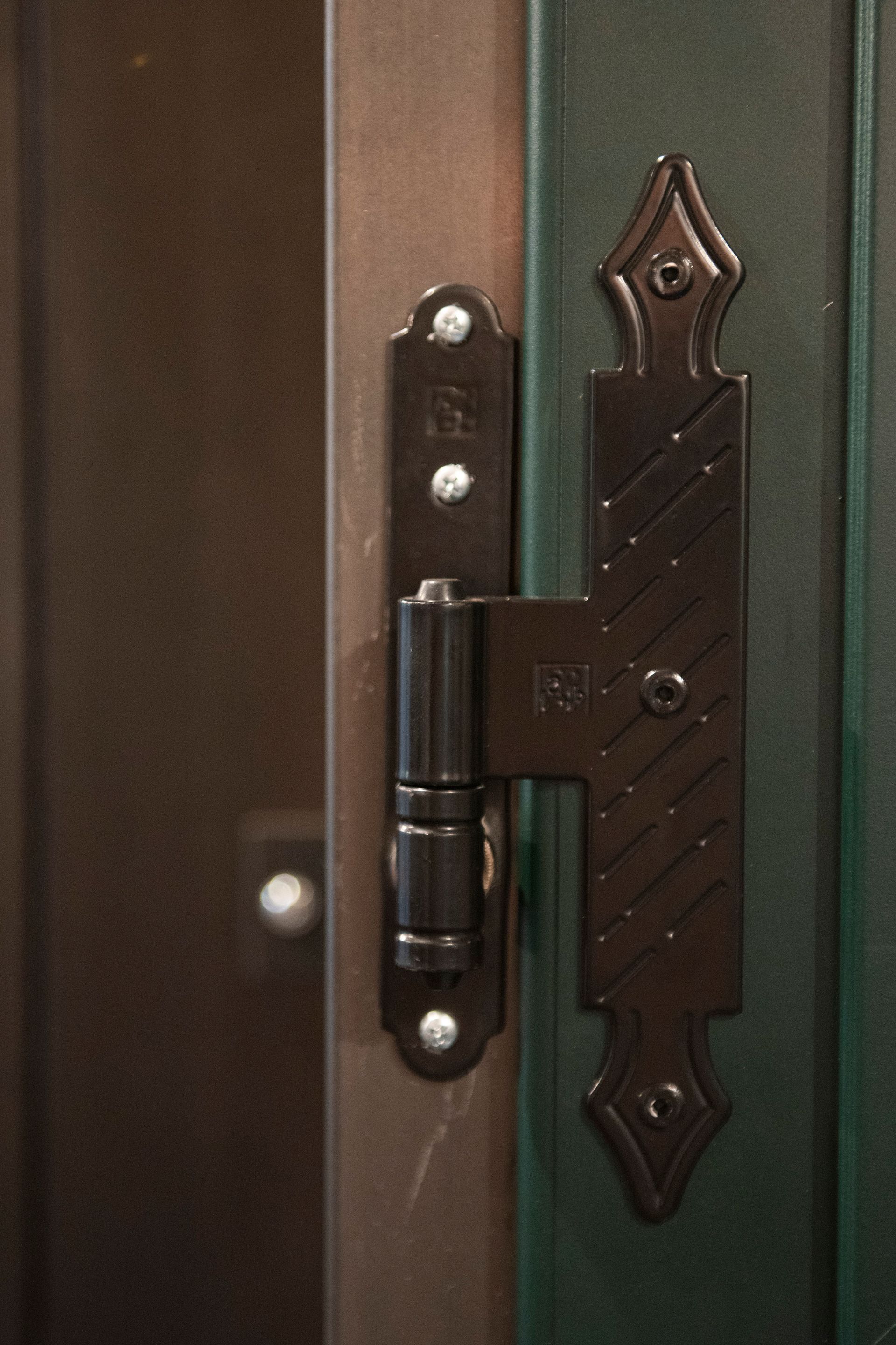 Primo piano di una cerniera decorativa in bronzo su una porta marrone e verde.