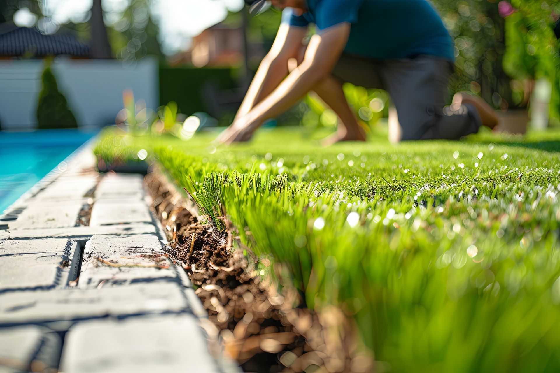 Close-up of a residential landscaper installing lush green sod along a stone pool deck. Close-up of a residential landscaper installing lush green sod along a stone pool deck.