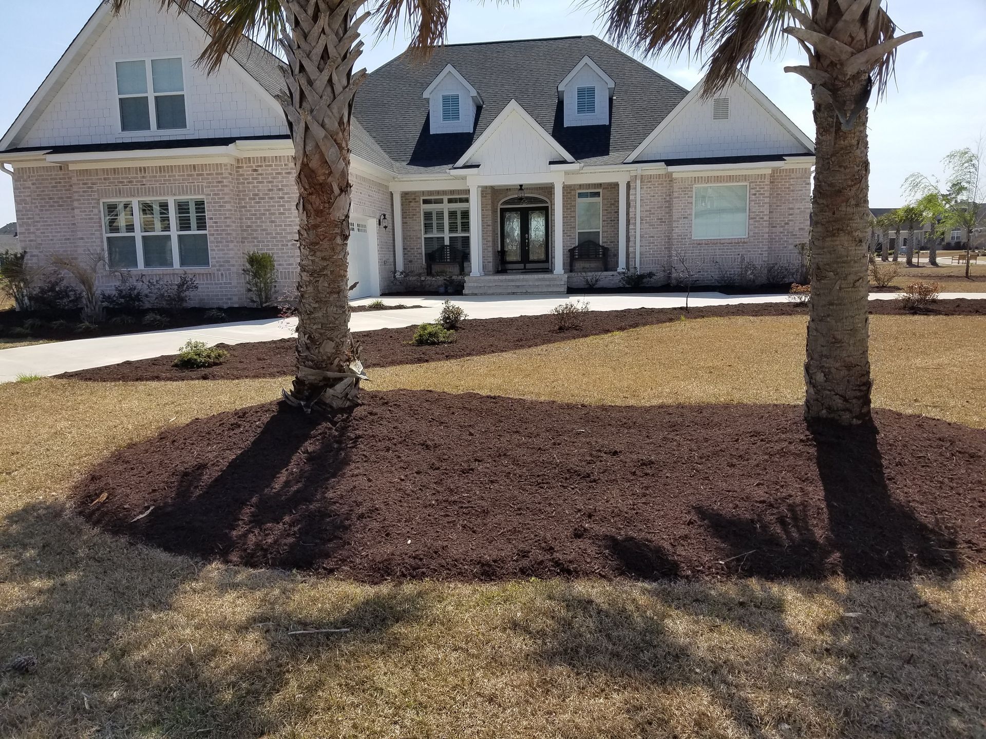 A brick house with two palm trees in front, a brown mulch bed, and a driveway.