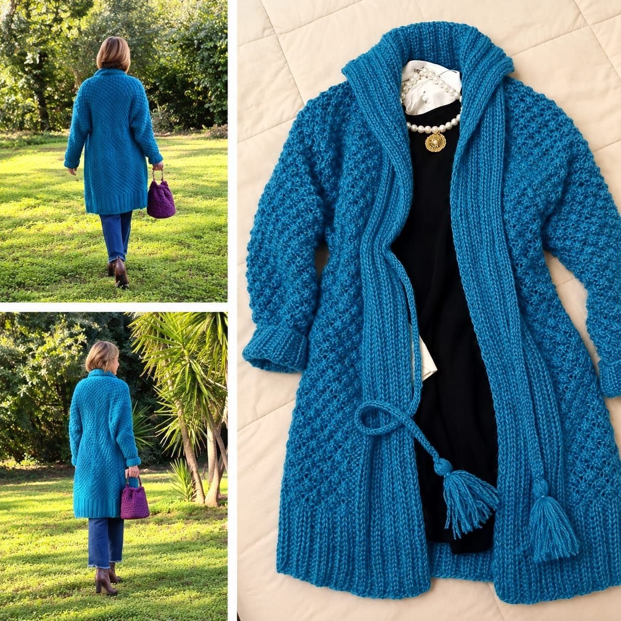 Cappotto blu in maglia con cappuccio, mostrato indossato da una modella all'aperto e steso su un letto.