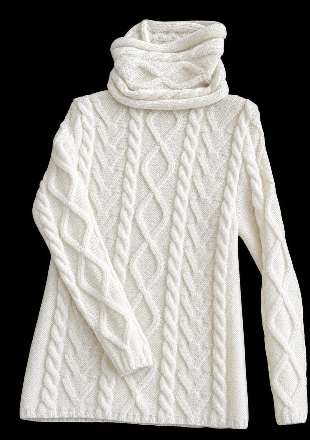 Maglione a collo alto bianco a trecce su sfondo nero
