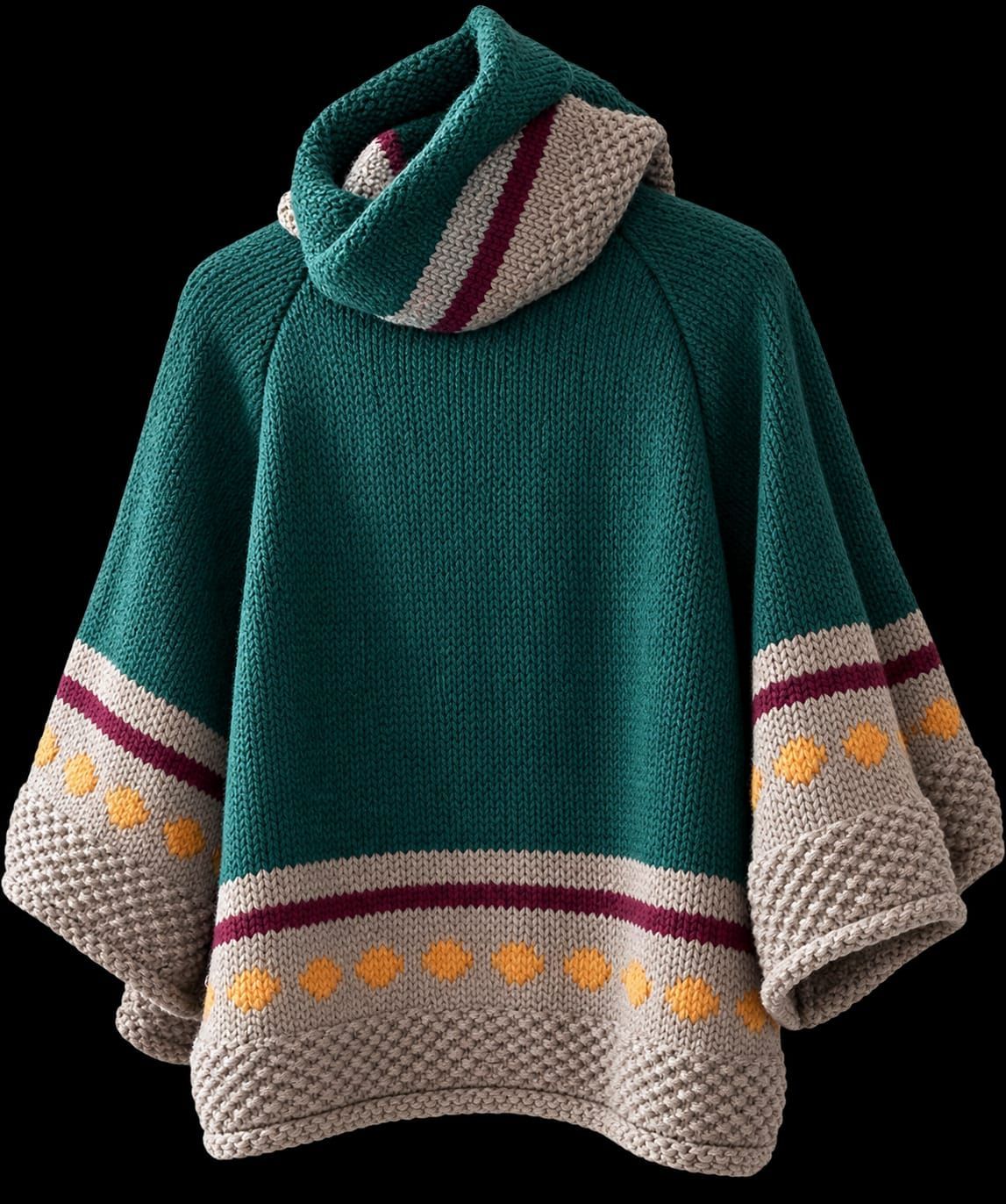 Poncho in maglia color verde acqua con bordi a righe, motivi floreali sulle maniche e cappuccio abbinato.
