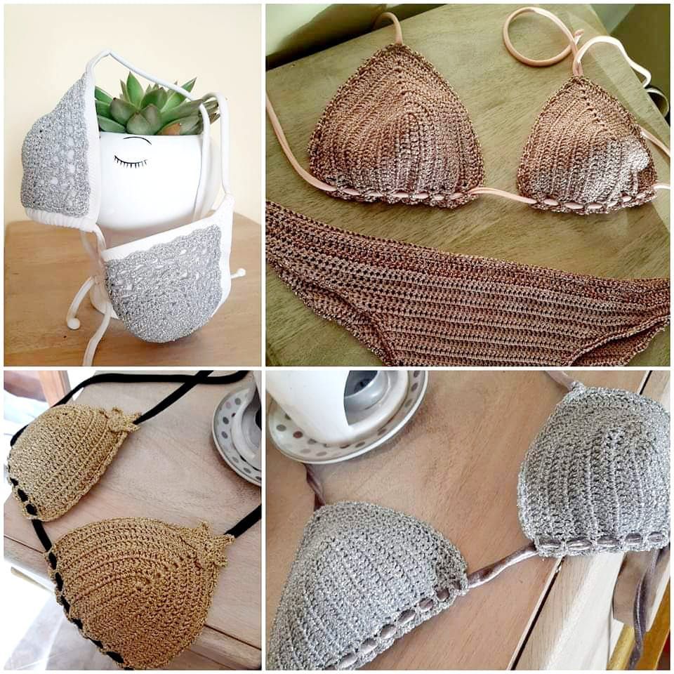 Collage di top bikini e slip coordinati all'uncinetto nei toni del beige e del grigio su un tavolo