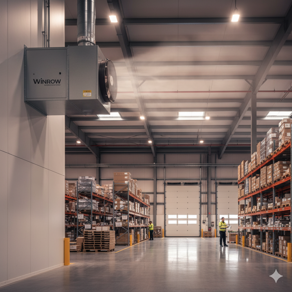 Warehouse interior with tall shelving, stacked pallets, and two workers near a large loading door.